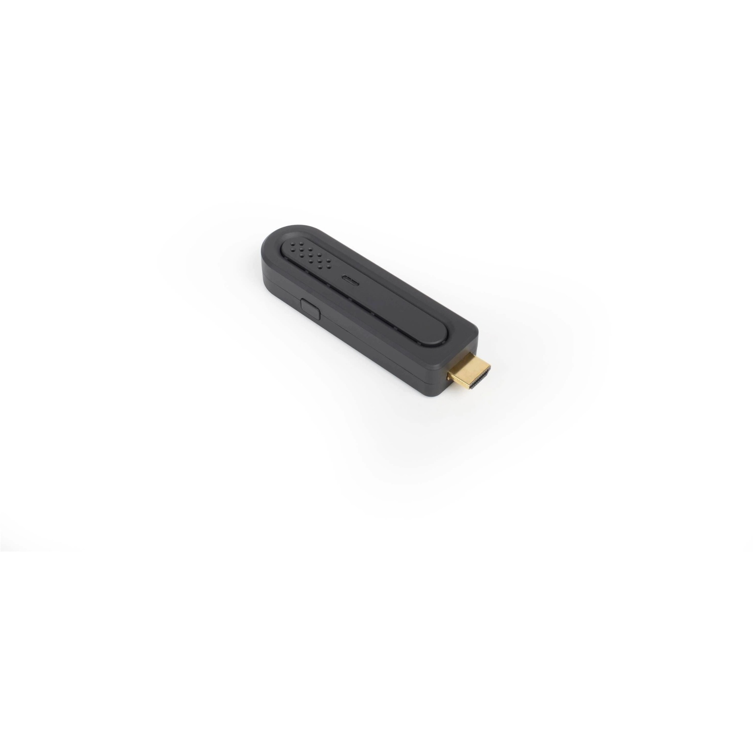 A black HDMI dongle on a white background. It has a gold connector and a series of small holes on top.