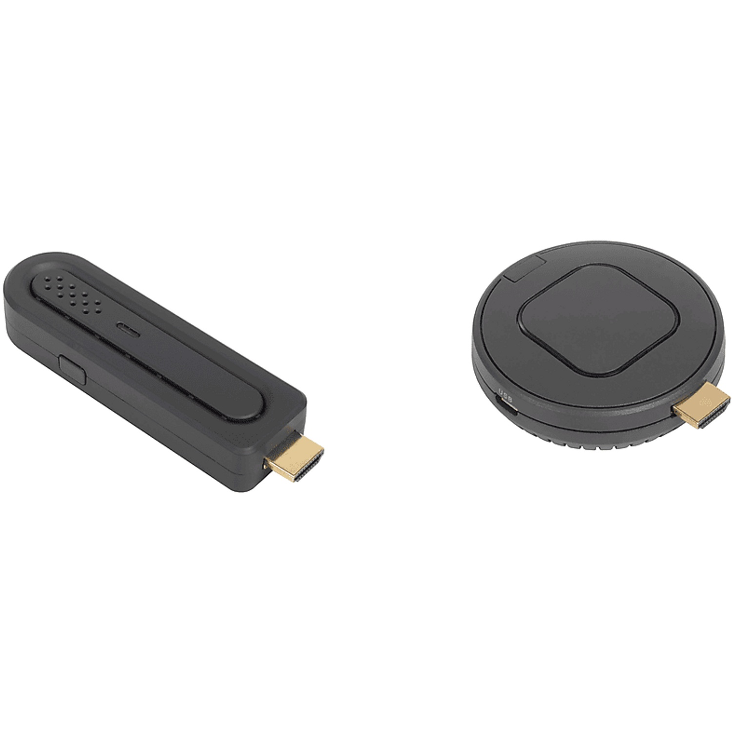 Two black HDMI devices on white background. One is a stick, the other is a round disc.