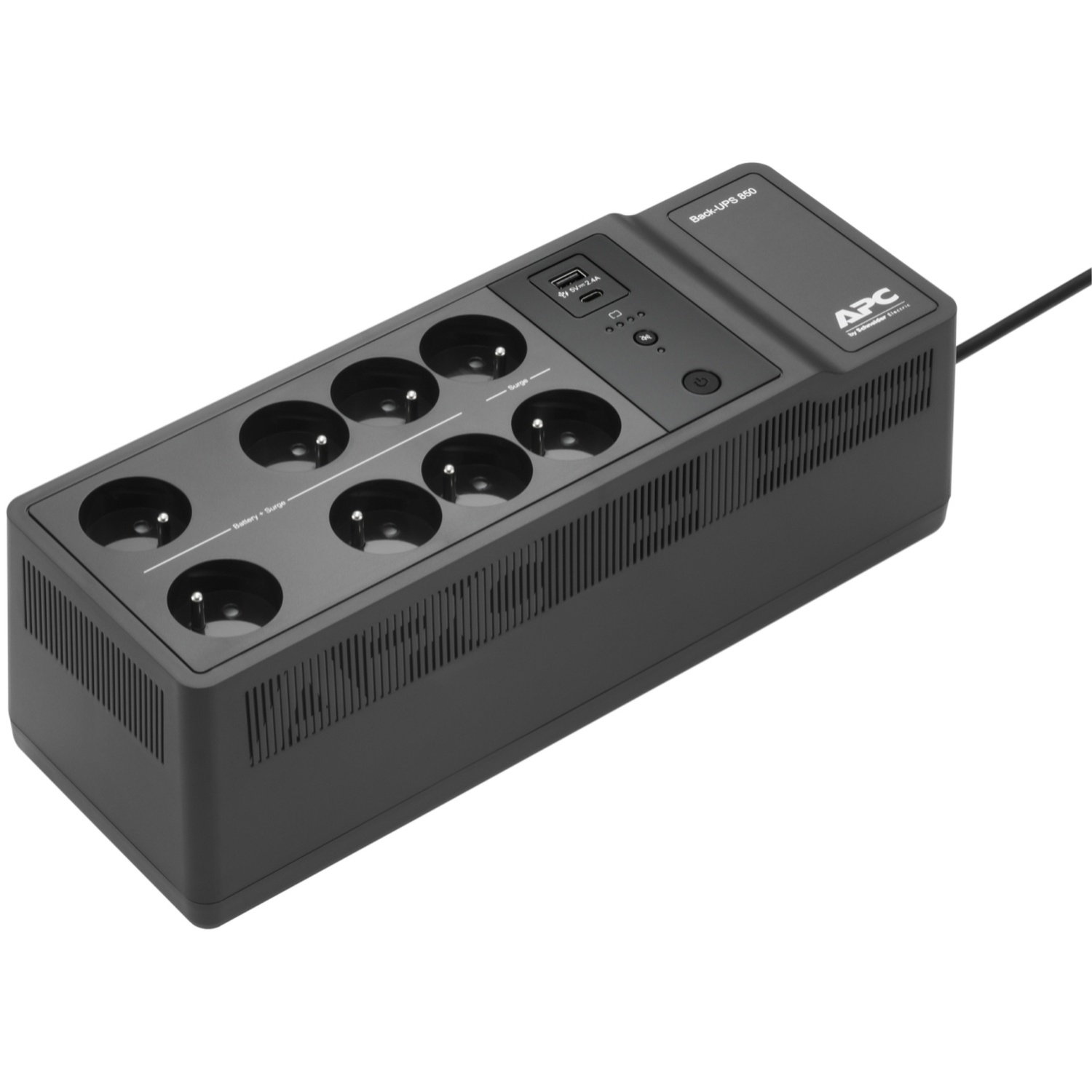 Zwarte APC Back-UPS 850 stekkerdoos met meerdere stopcontacten, USB-poorten en aan/uit-knoppen. Overspanningsbeveiliging en batterijback-up.