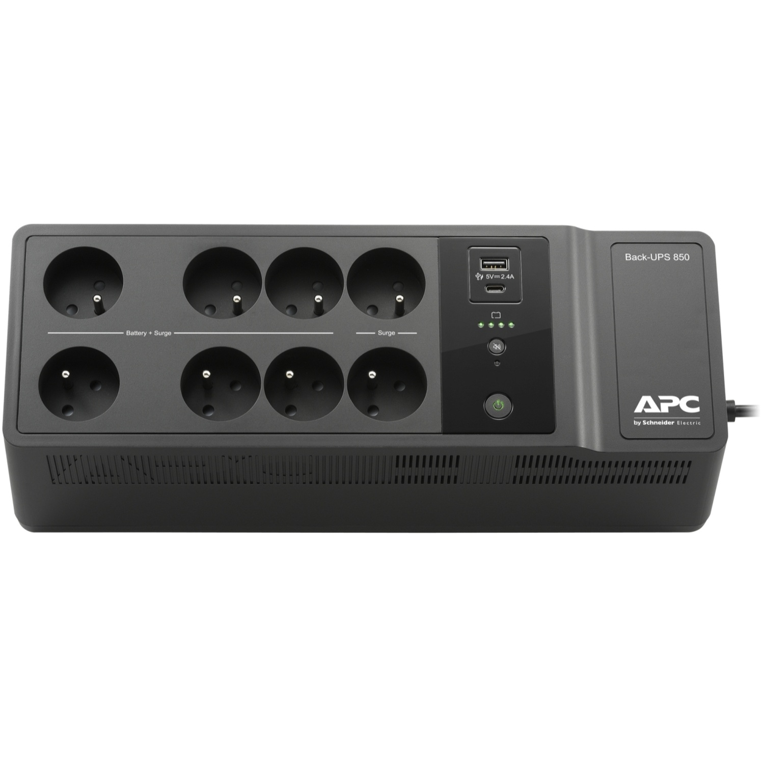 Een zwarte APC Back-UPS 850 met meerdere stopcontacten, een USB-poort en statusindicatoren. Het APC-logo is zichtbaar.