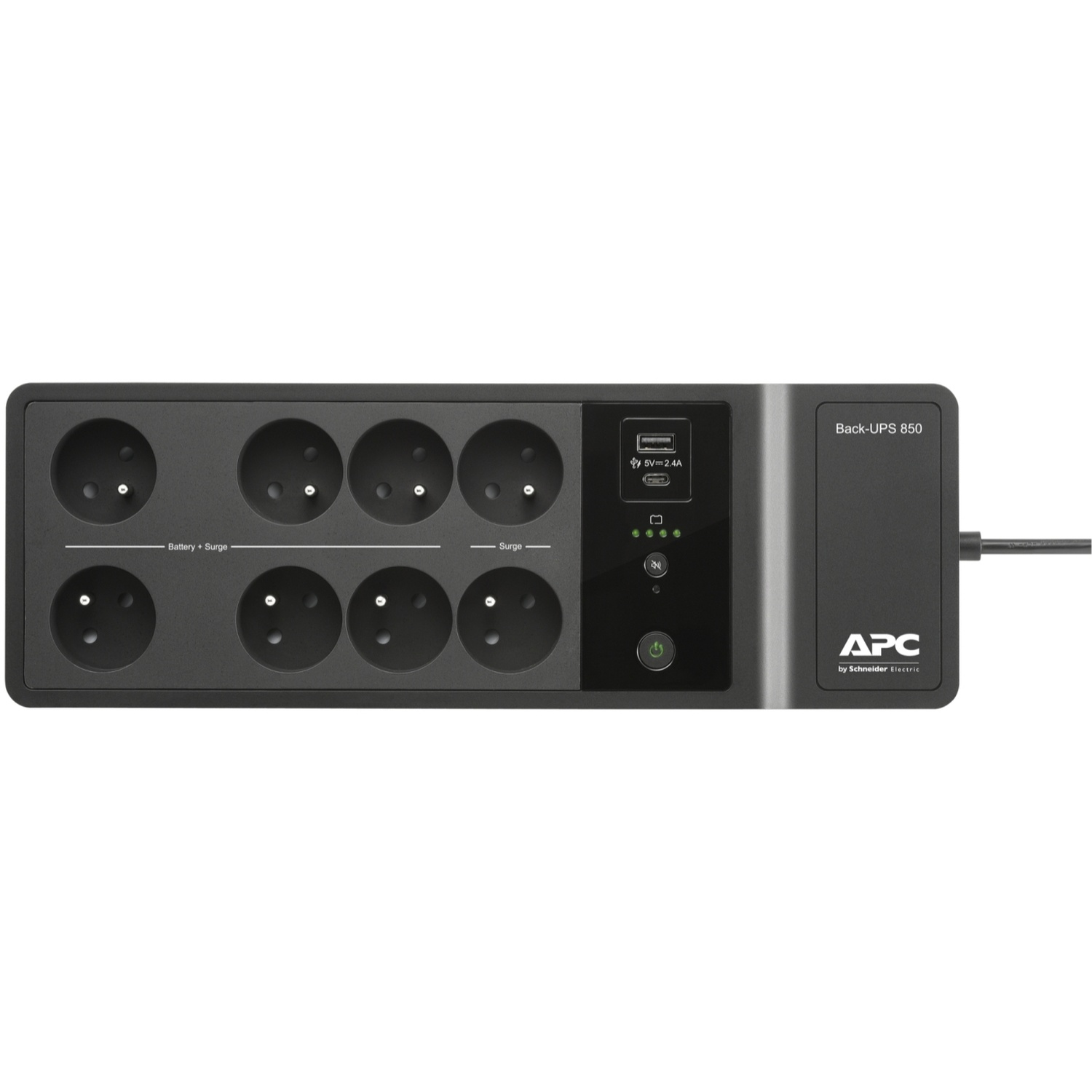 Een zwarte APC Back-UPS 850 met meerdere stopcontacten, een USB-poort en statuslampjes. Het heeft een aan/uit-knop en het APC-logo.