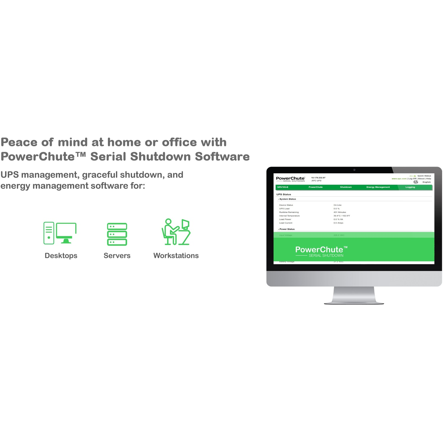 Een computermonitor toont de PowerChute-software. Tekst beschrijft UPS-beheer voor desktops, servers en werkstations.