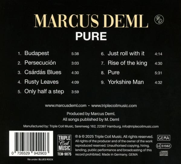 CD-Cover mit Künstlername 'Marcus Deml' und Albumtitel 'Pure'. Tracks mit Laufzeiten gelistet. Branding- und Urheberrechtsinfo vorhanden.