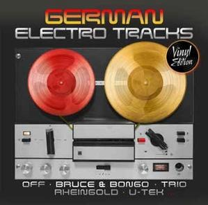 Albumcover mit roten und goldenen Schallplatten auf einem Tonbandgerät, schwarzer Hintergrund mit Text.