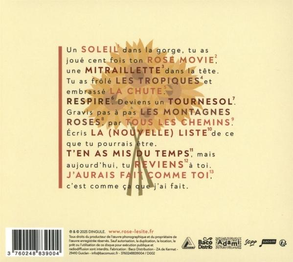 Text auf einem CD-Cover mit einer Sonnenblumenillustration. Enthält französischen Text und einen Barcode.
