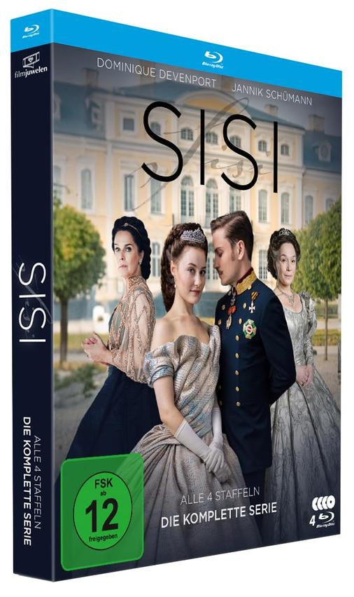 Blu-ray-Cover der Serie "Sisi". Zeigt die Darsteller in historischer Kleidung vor einem Palast. Text enthält Schauspielernamen und "Die komplette Serie".
