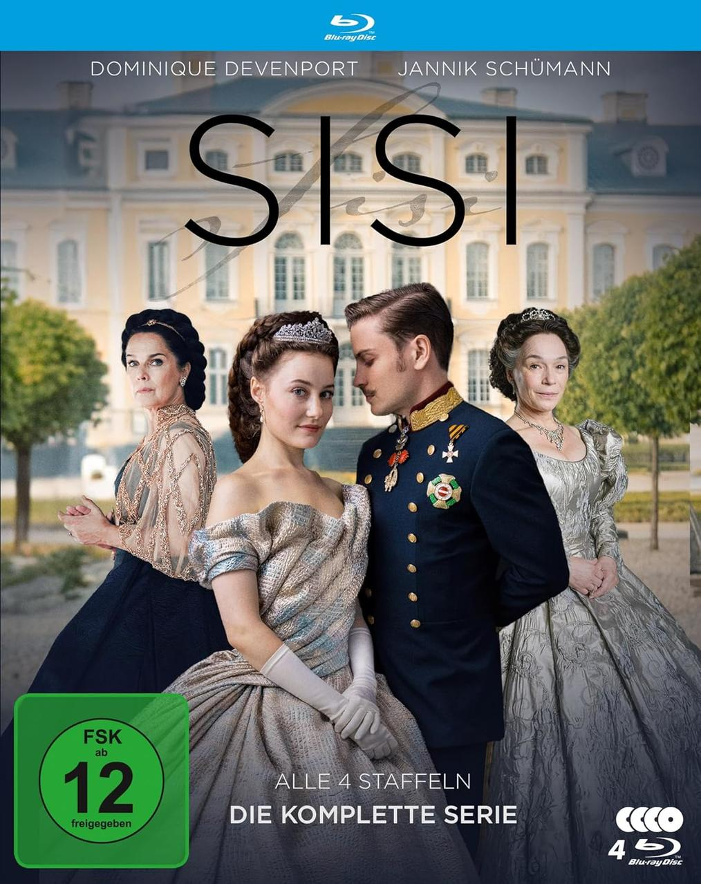 Cover-Art für die Serie Sisi. Zeigt Schauspieler in historischen Kostümen vor einem Palast. Der Titel ist darüber zu sehen.