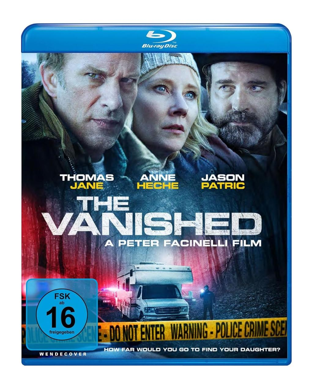Blu-ray-Cover für 'The Vanished'. Gesichter von Schauspielern, Filmtitel, ein Wohnmobil und Polizeiband, mit einer Bewertung von 16.