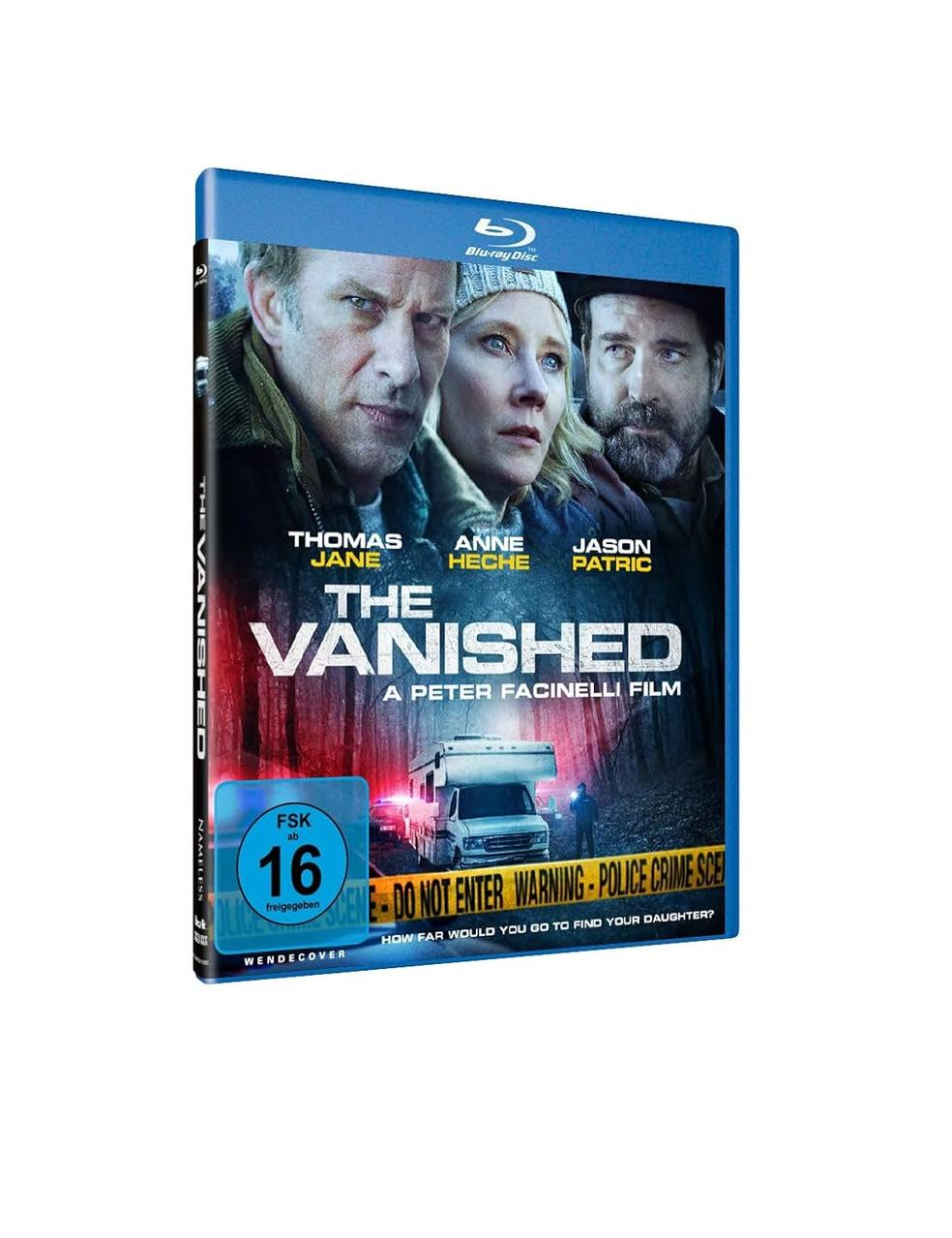 Blu-ray-Disc des Films 'The Vanished'. Mit den Schauspielern Thomas Jane, Anne Heche und Jason Patric. Tatortabsperrung und Wohnmobil im Hintergrund.