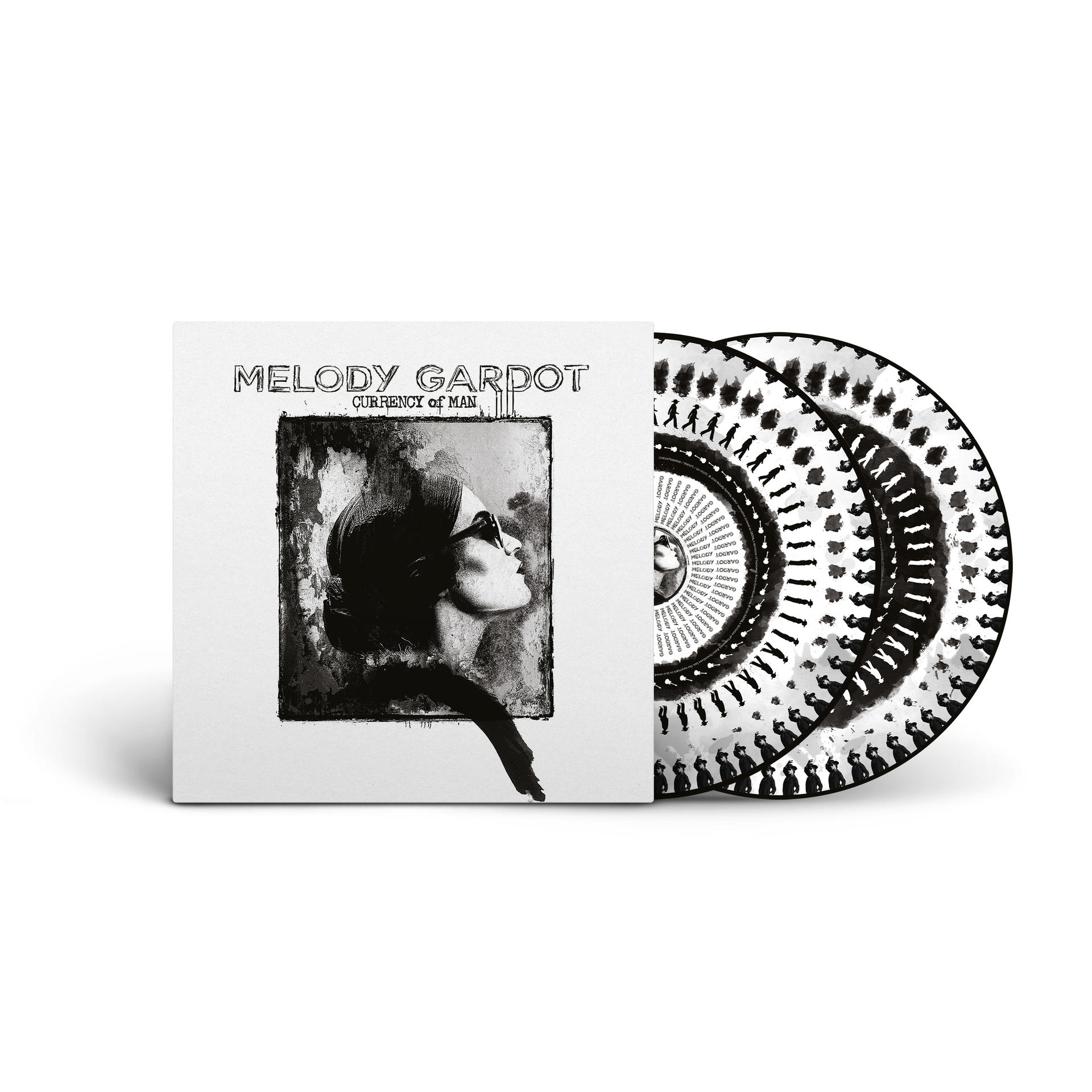 Albumcover mit Schwarz-Weiß-Bild einer Frau mit Sonnenbrille. Zwei Vinylplatten teilweise rechts sichtbar.
