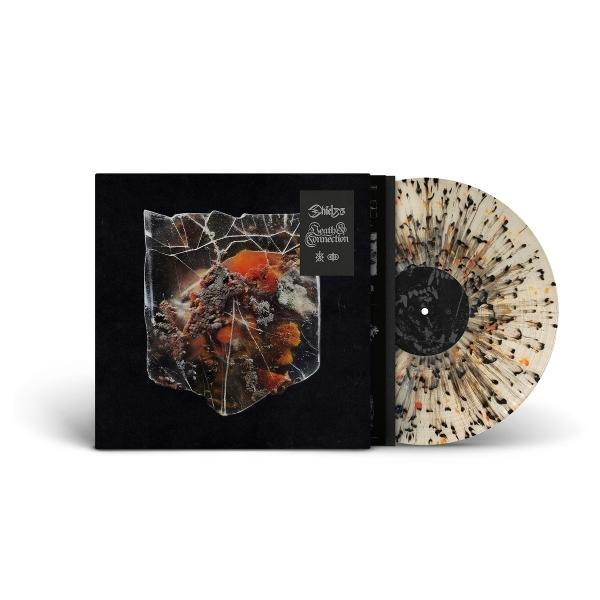 Vinyl-Schallplatten-Albumcover mit einem zerbrochenen Glasdesign und einer gesprenkelten Vinyl-Disc. Das Cover ist schwarz, mit Text und Design.