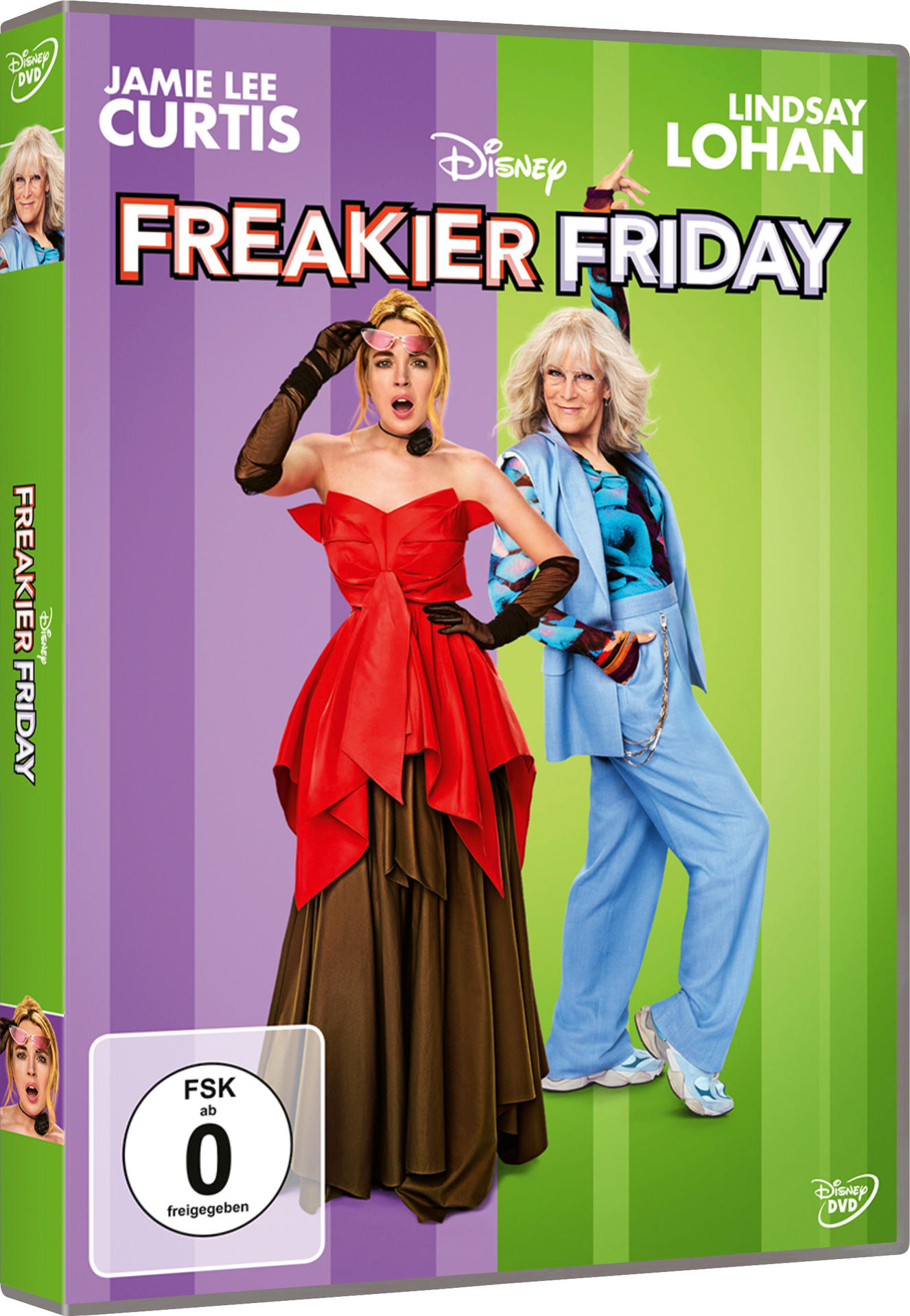 Filmcover von Freaky Friday mit Jamie Lee Curtis und Lindsay Lohan. Eine in rotem Kleid, die andere in blauem Anzug.