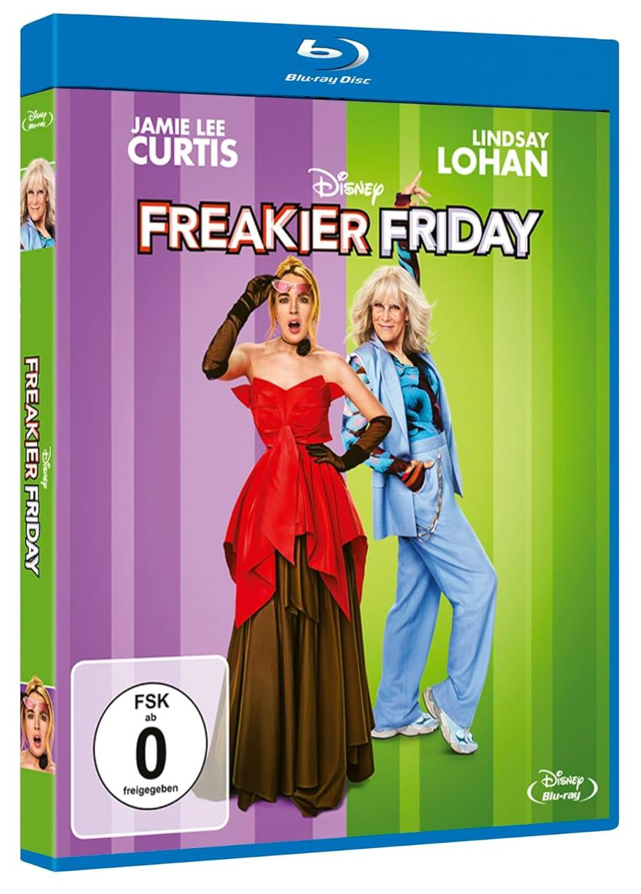 Blu-ray-Cover für Freaky Friday. Jamie Lee Curtis und Lindsay Lohan sind abgebildet. Der Hintergrund ist lila und grün gestreift.