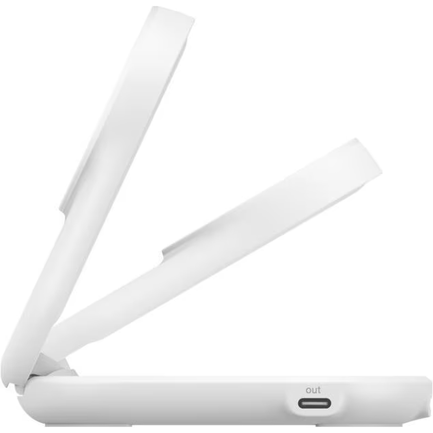 Appareil blanc et pliable avec trois sections connectées. Une section est ouverte, révélant un port étiqueté 'out'.