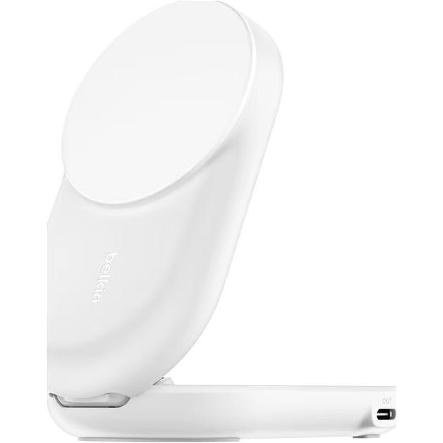 Un chargeur sans fil Belkin blanc. Le socle de chargement est ovale, relié à une base rectangulaire. Le mot 'Belkin' est imprimé sur le côté.