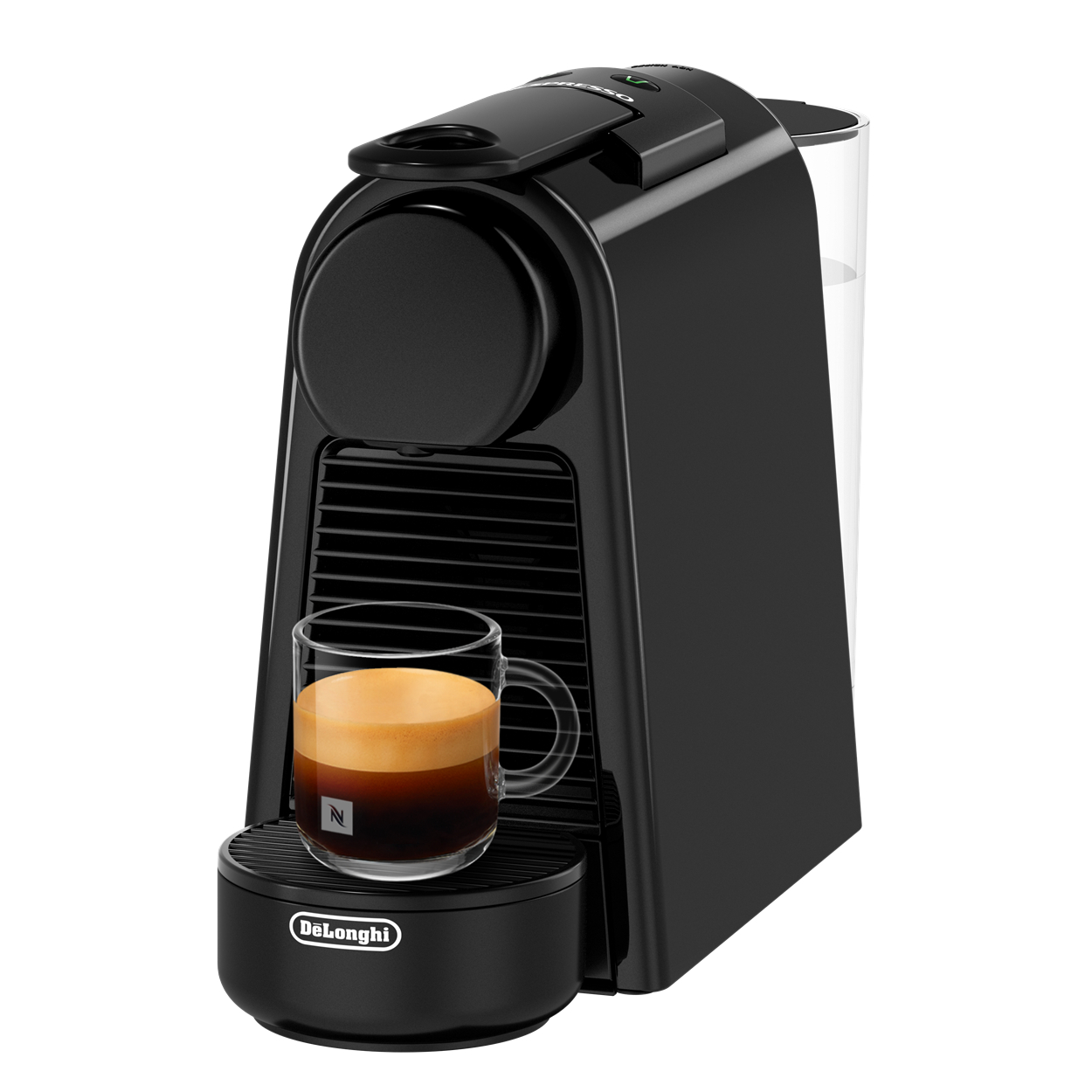 Schwarze De'Longhi Espressomaschine mit einem Glas Kaffee auf einem Ständer. Transparenter Wassertank an der Seite. Weißer Hintergrund.