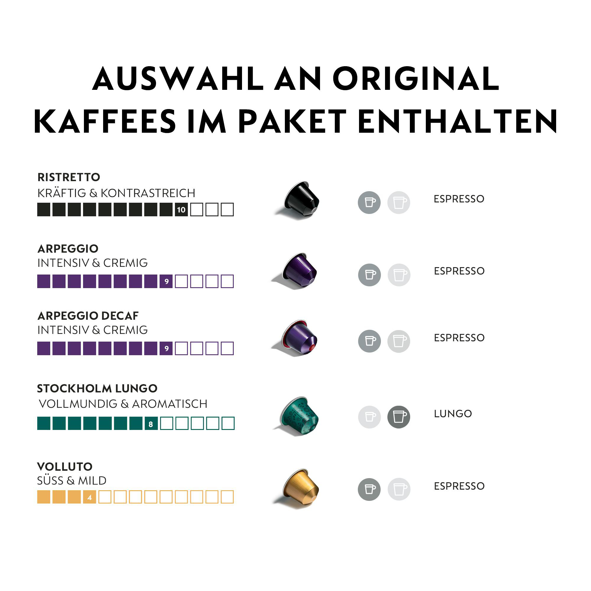 Werbung für Kaffeekapseln mit verschiedenen Geschmacksrichtungen und Intensitätsstufen, Espresso- und Lungo-Optionen.
