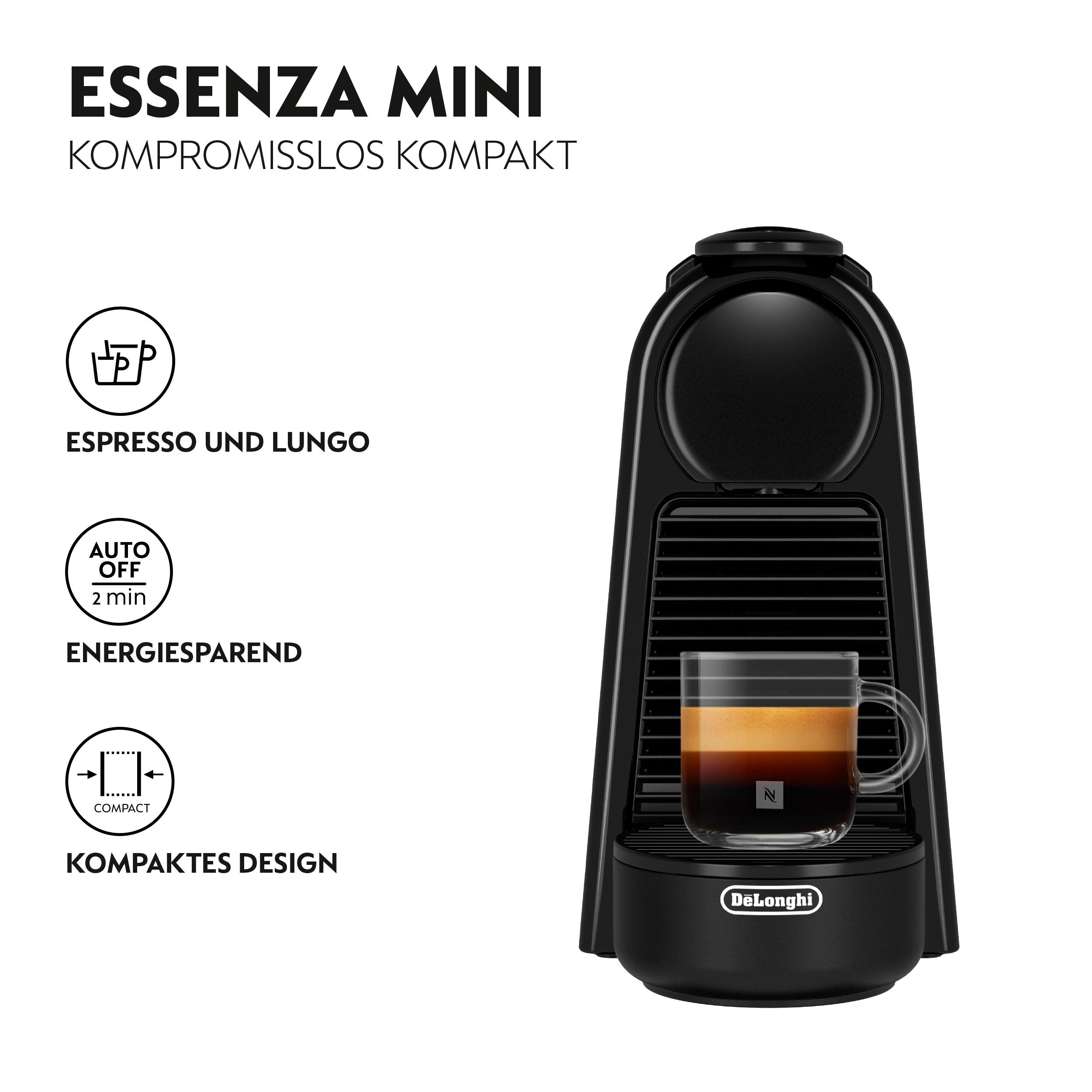 Schwarze Espressomaschine mit einem Glas Kaffee. Text: Essenza Mini, Espresso & Lungo, Auto-Off, Kompaktes Design, DeLonghi.