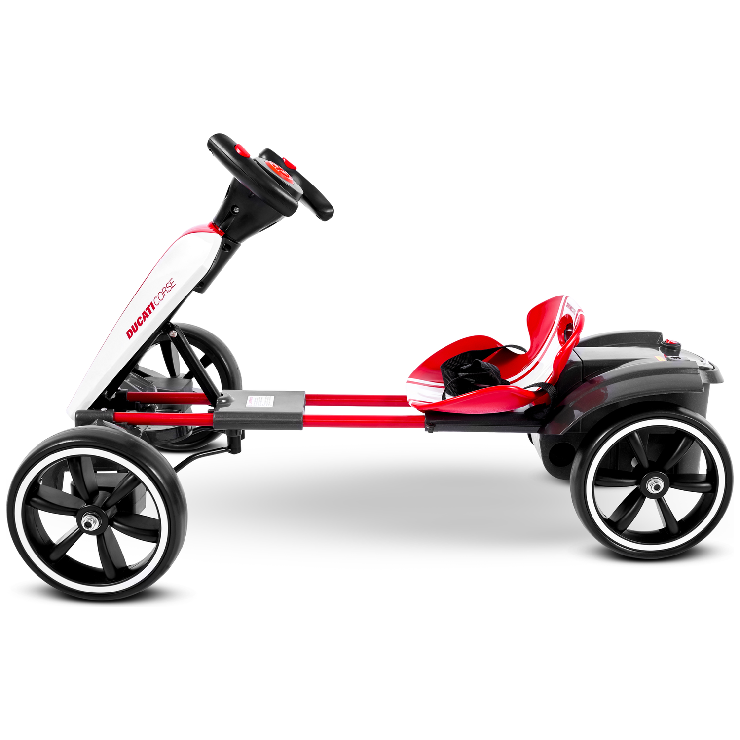A red and white Ducati Corse go-kart with black wheels and a black seat. It has a white background.