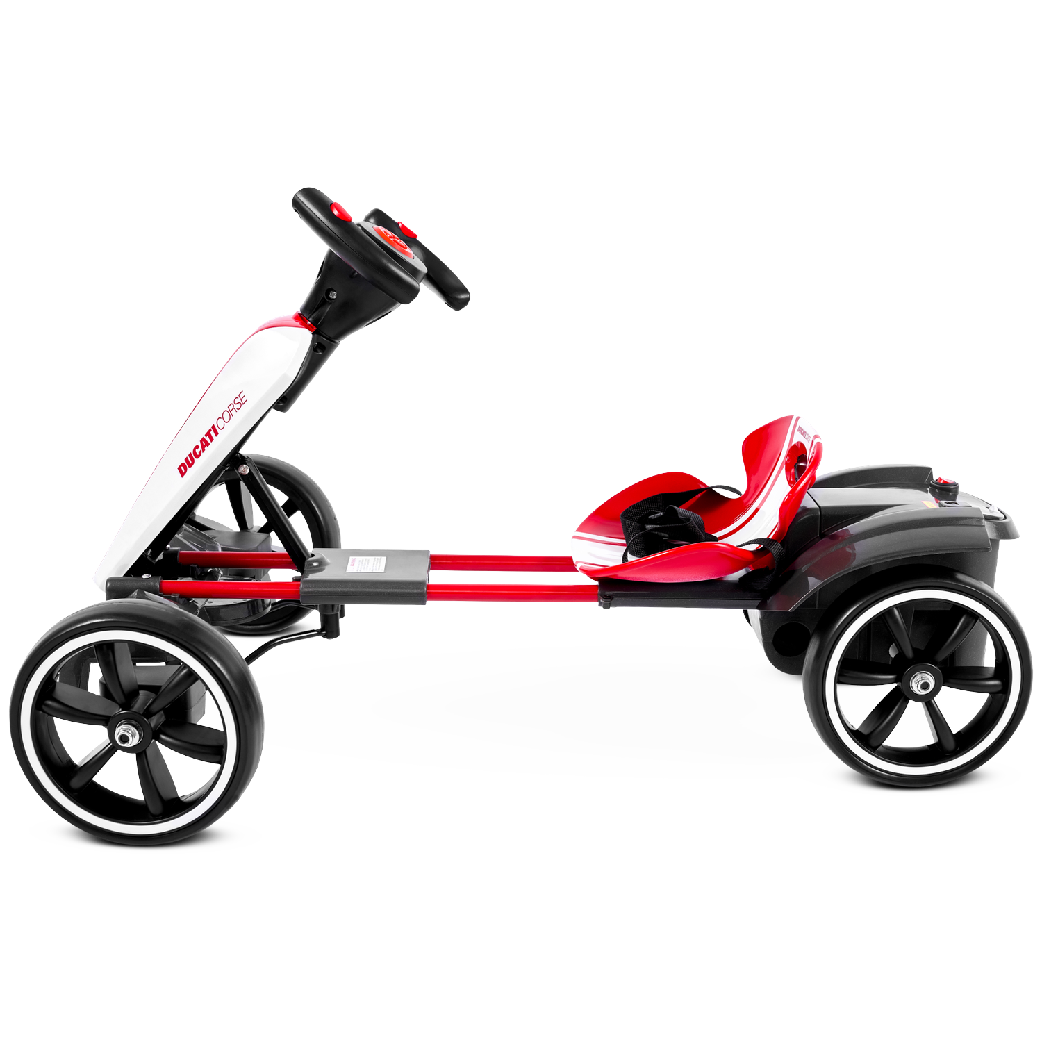 A red and white Ducati Corse go-kart. It has black wheels with white rims, a red seat, and a black steering wheel.