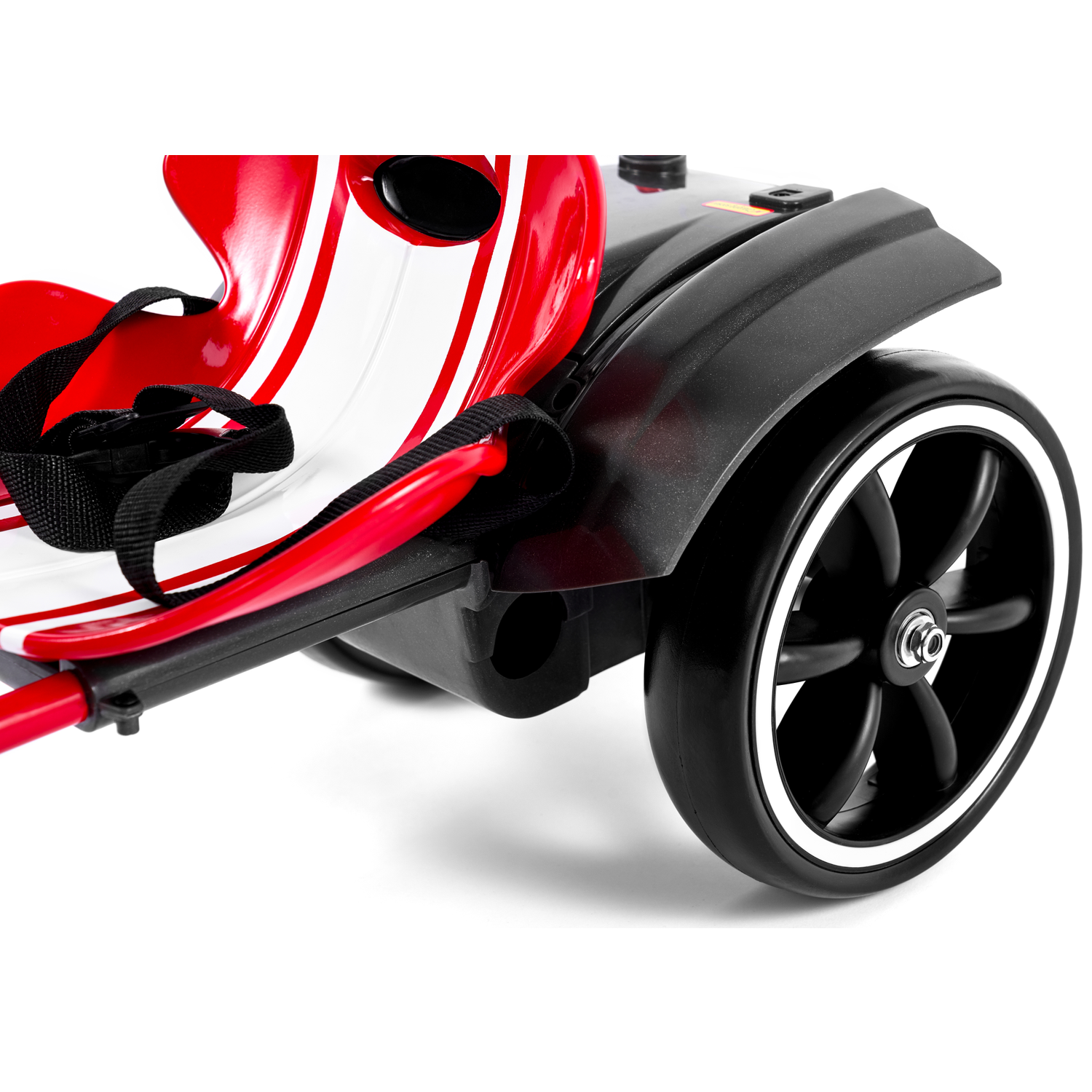 A red and white scooter with black wheels. It has a seat with black straps and a black fender over the wheel.