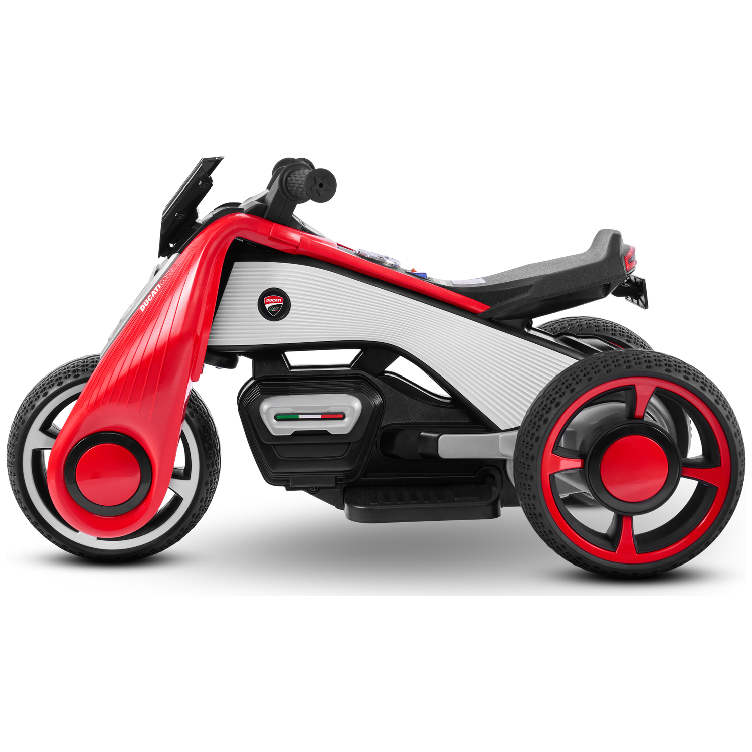 A red and black Ducati toy tricycle on a white background. It has three wheels and a black seat.