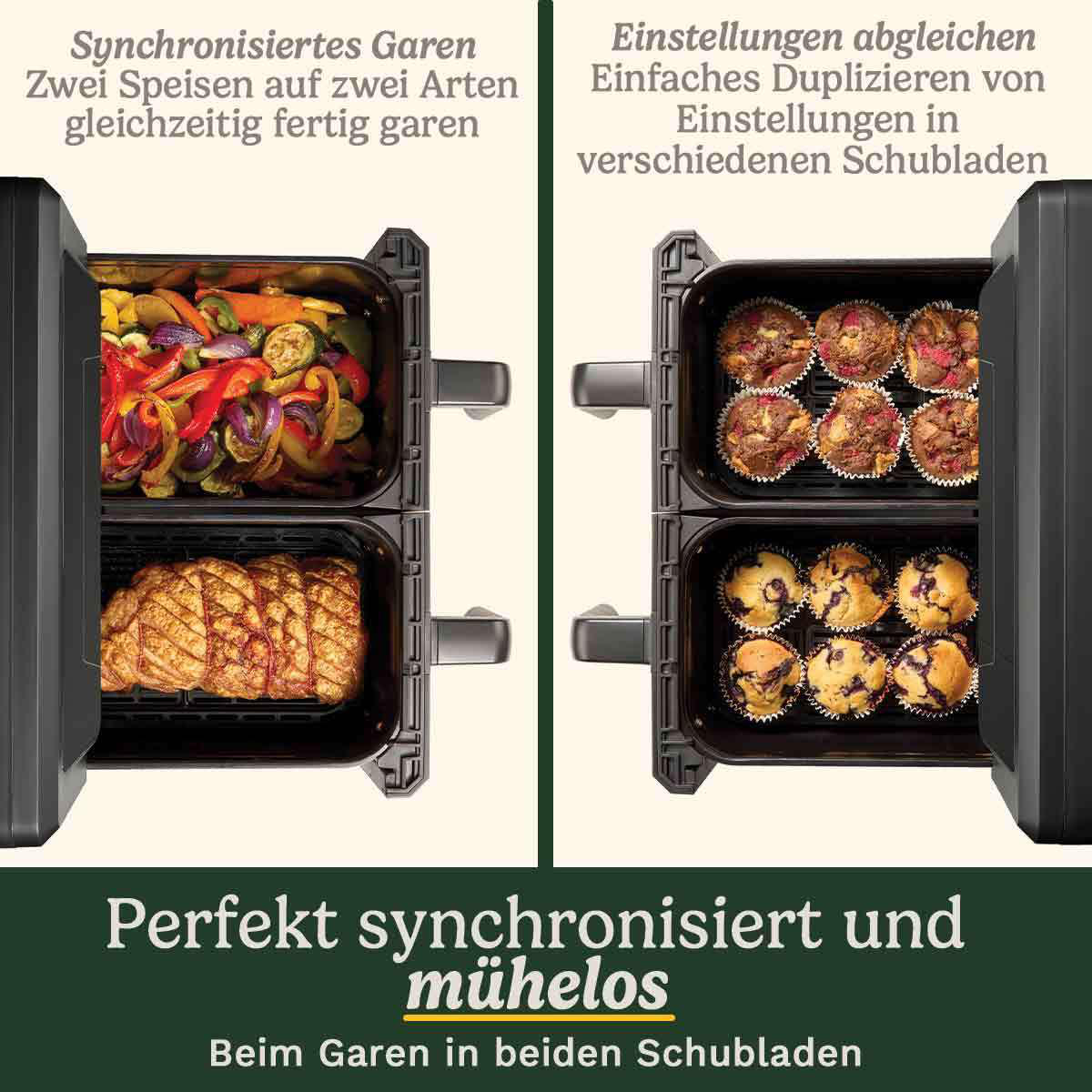 Ein Luftfritteuse mit zwei Fächern. Eines hat geröstetes Gemüse, das andere einen Braten. Die andere Seite hat Muffins.