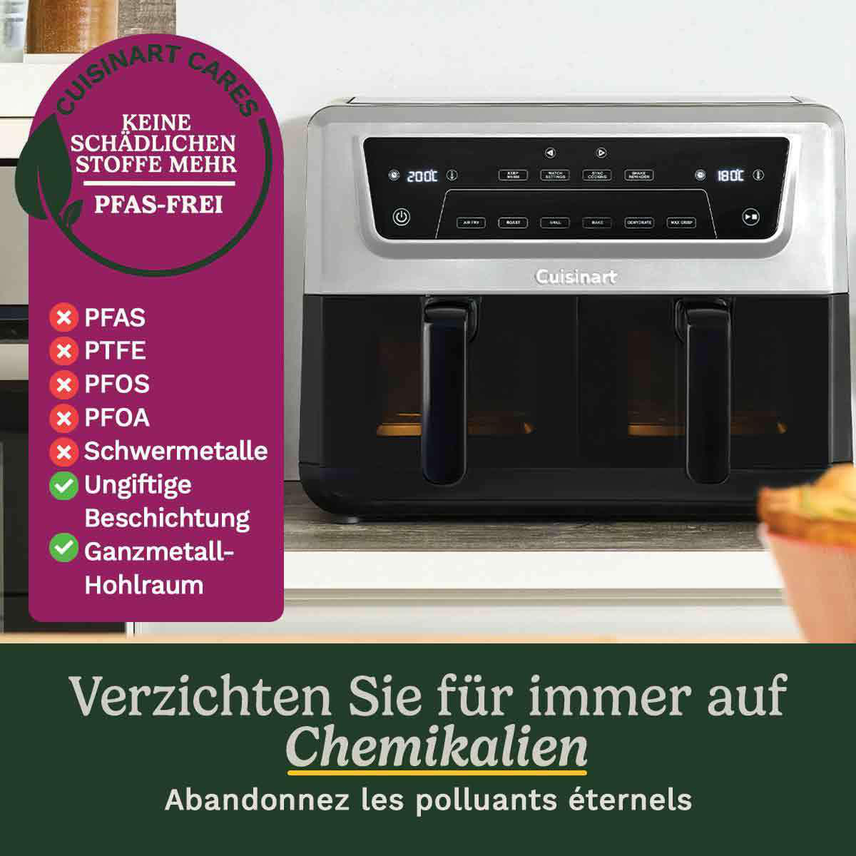 Ein Airfryer mit digitaler Anzeige. Der Text hebt PFAS-frei und chemiefreie Aspekte hervor.
