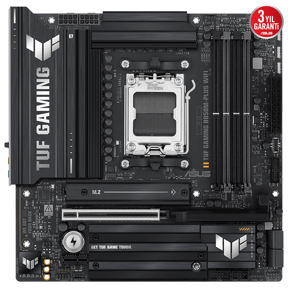 Gümüş detaylara sahip siyah bir TUF Gaming anakart. AMD Ryzen CPU soketi, çoklu yuvalar ve ASUS logosu içerir.