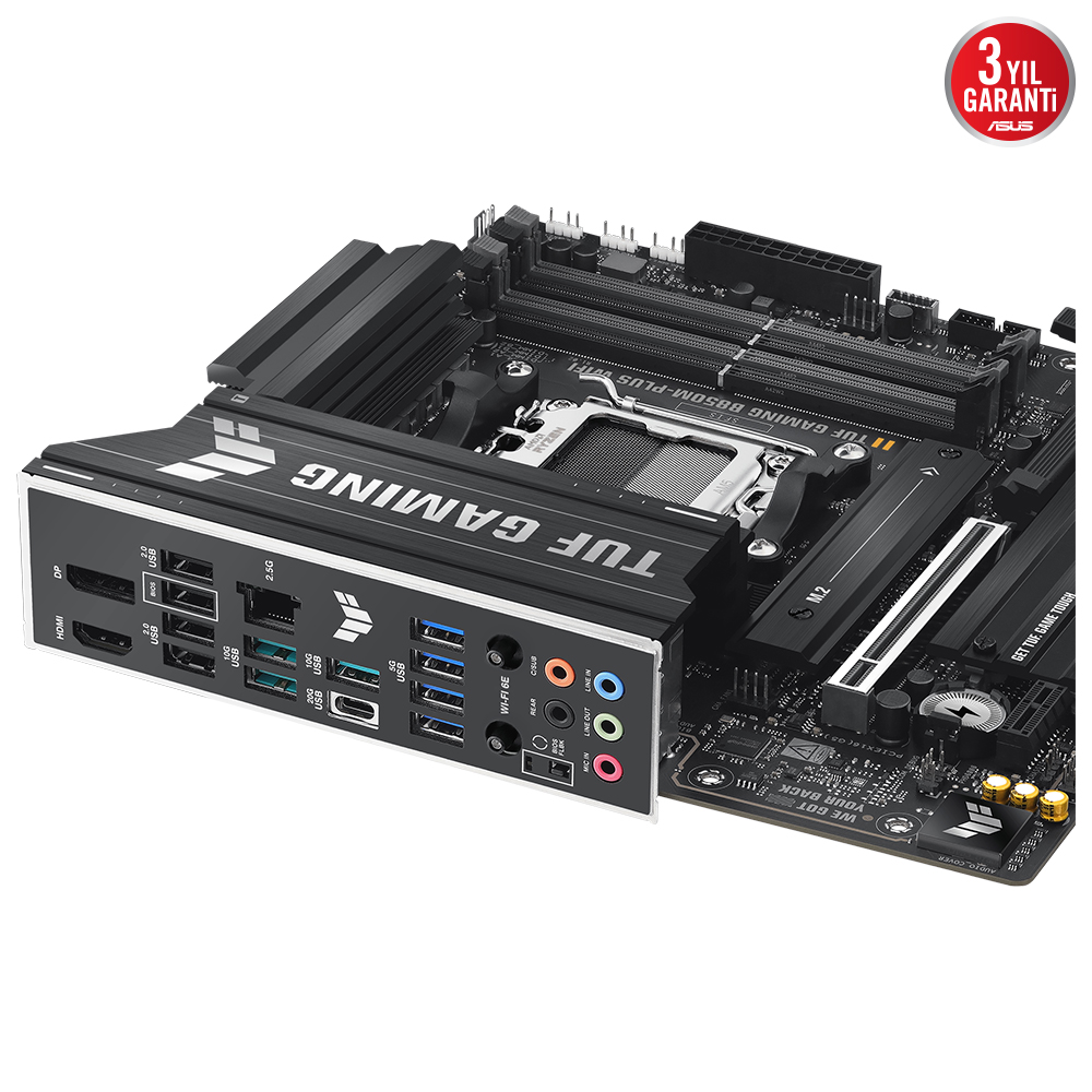 Çeşitli bağlantı noktaları ve konektörleri olan siyah ve gri bir ASUS TUF Gaming B650M-PLUS WIFI anakartı. 'TUF GAMING' metni görünür.