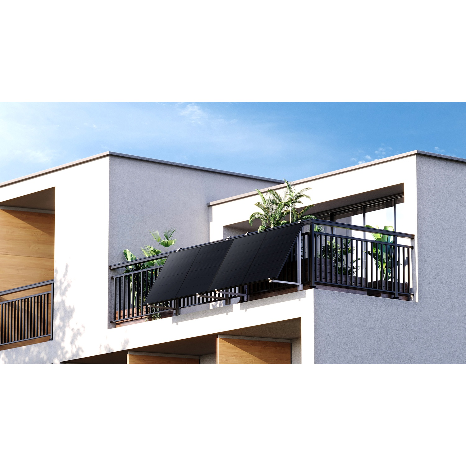 Un bâtiment moderne avec balcon. Un pare-soleil noir, des plantes et une balustrade noire sont visibles. Ciel bleu clair en arrière-plan.