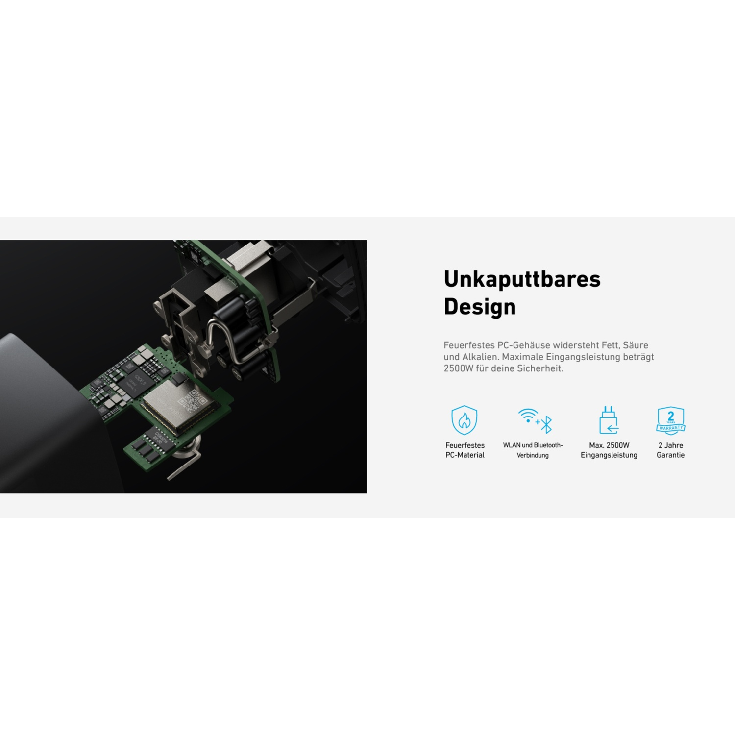 L'image montre une carte de circuit imprimé, le texte "Unkaputtbares Design" et des icônes pour un matériau ignifuge, WLAN et une entrée de 2500W.