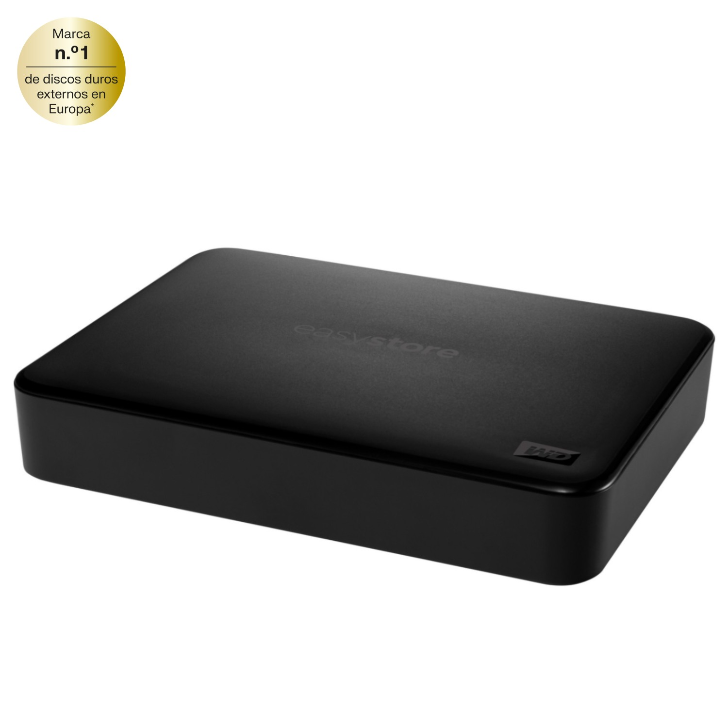 Un disco duro externo negro con 'easystore' impreso. Una insignia que dice marca numero uno de discos duros externos en Europa