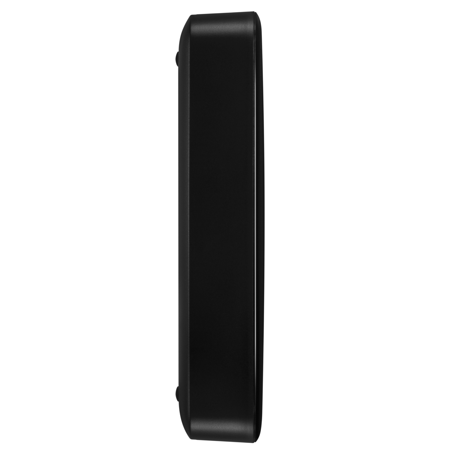 Un dispositivo negro y rectangular sobre un fondo blanco. El dispositivo se ve de lado, mostrando un borde liso y curvado.