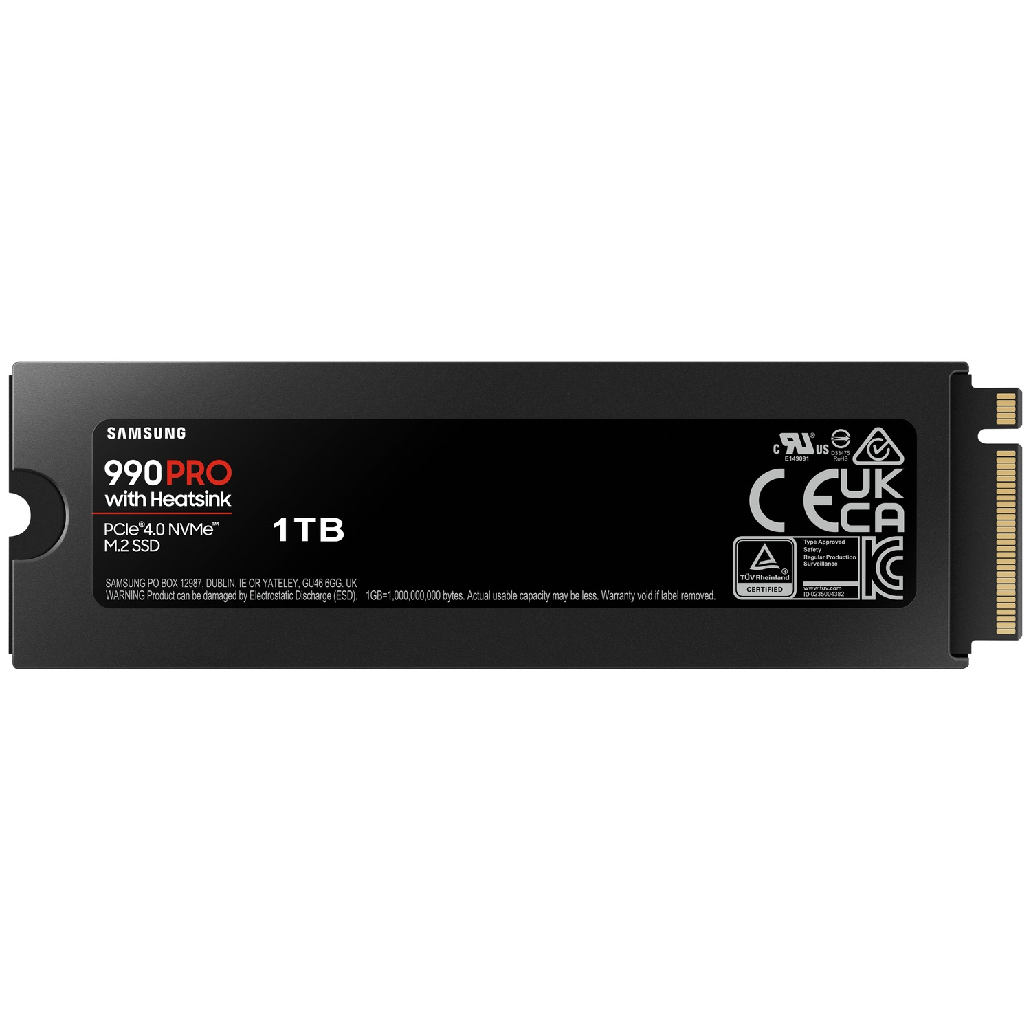 Zwarte Samsung 990 Pro 1TB M.2 SSD. Tekst bevat 'with Heatsink', 'PCIe 4.0 NVMe' en diverse certificeringen.