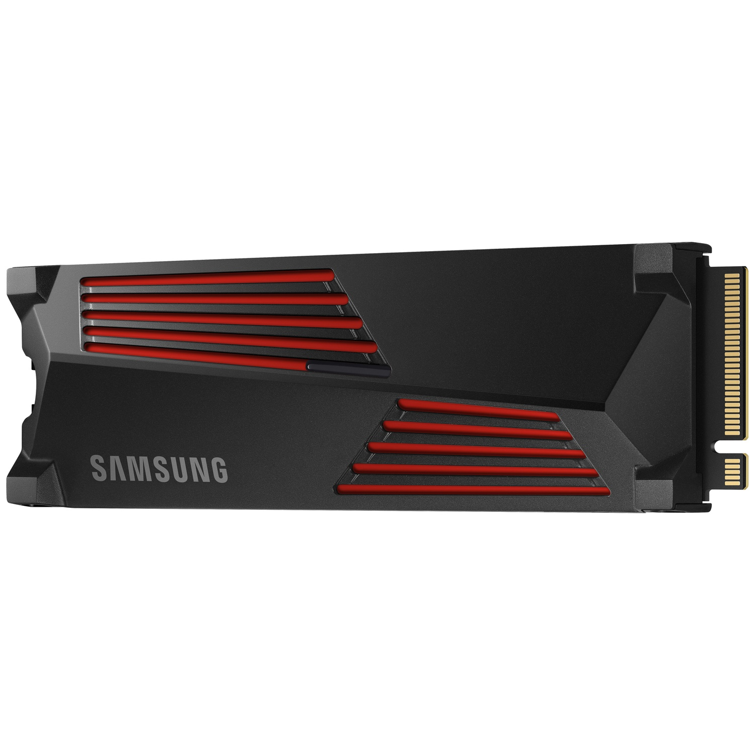 Zwarte Samsung SSD met rode strepen, hoekig ontwerp en gouden connector op witte achtergrond.