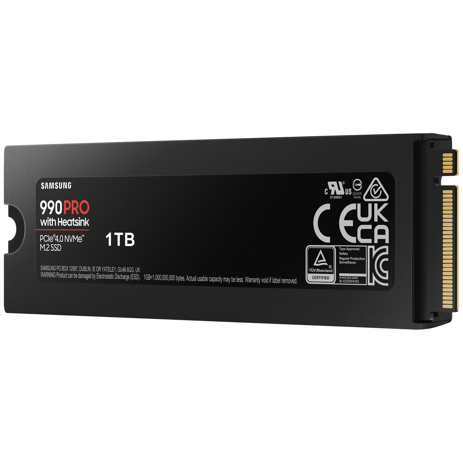 Zwarte Samsung 990 Pro 1TB SSD met heatsink. Kenmerken zijn onder meer PCIe 4.0 NVMe M.2 SSD. Verschillende certificeringen en veiligheidslabels.