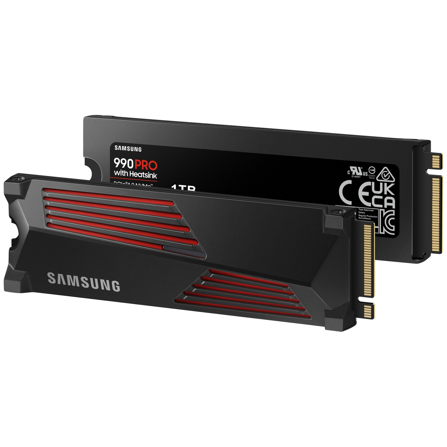 Twee zwarte Samsung 990 PRO SSD's met heatsinks worden getoond. Eén staat vooraan, met rode accenten. De andere staat erachter.