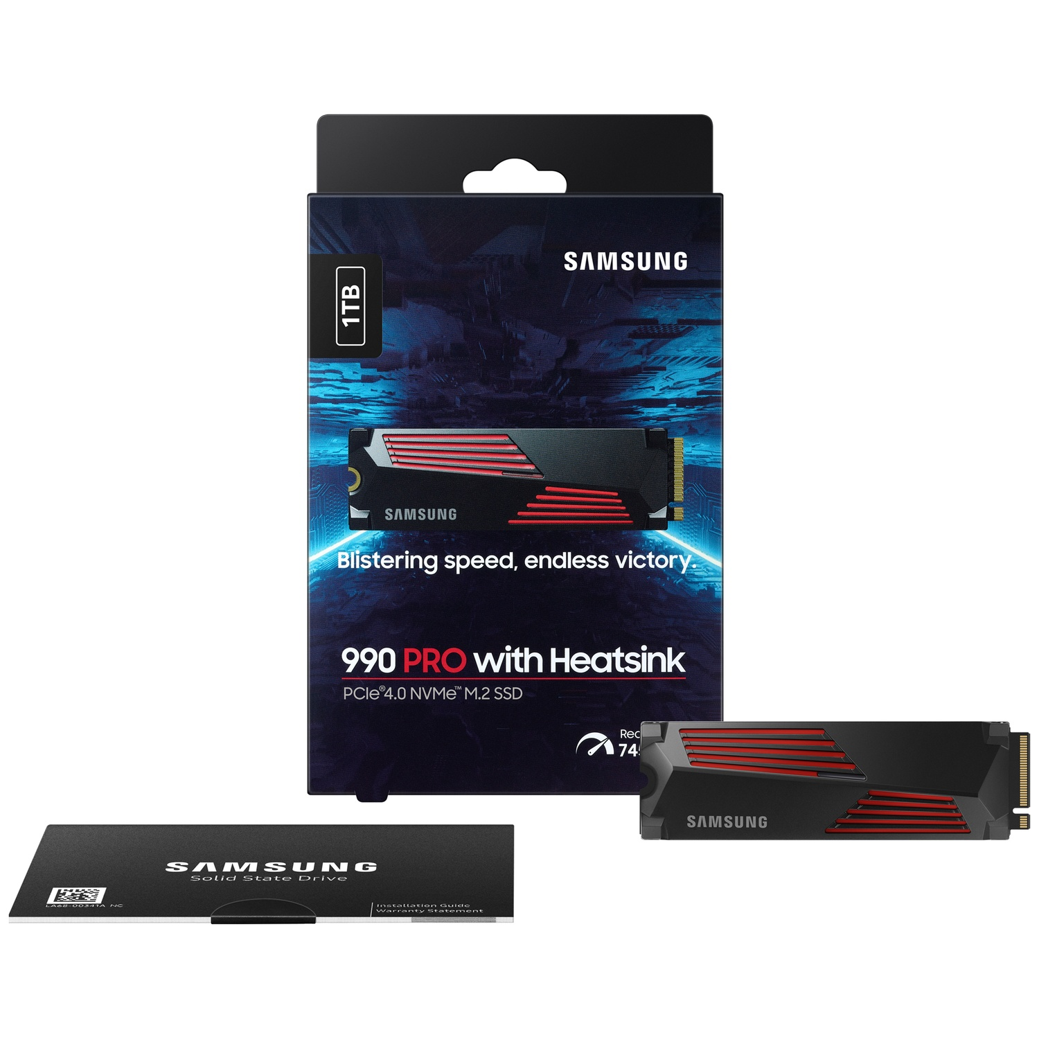 Samsung 990 PRO SSD-doos en schijf. Zwarte doos met rode accenten, tekst '1TB' en 'SAMSUNG'. Inclusief installatiegids.