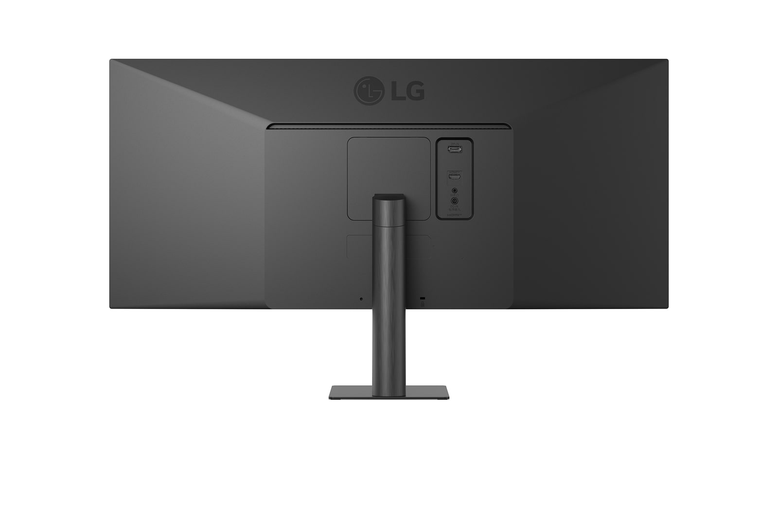 Rear view of an LG monitor. It has a dark gray finish, with ports and stand centered. The LG logo is visible at the top.