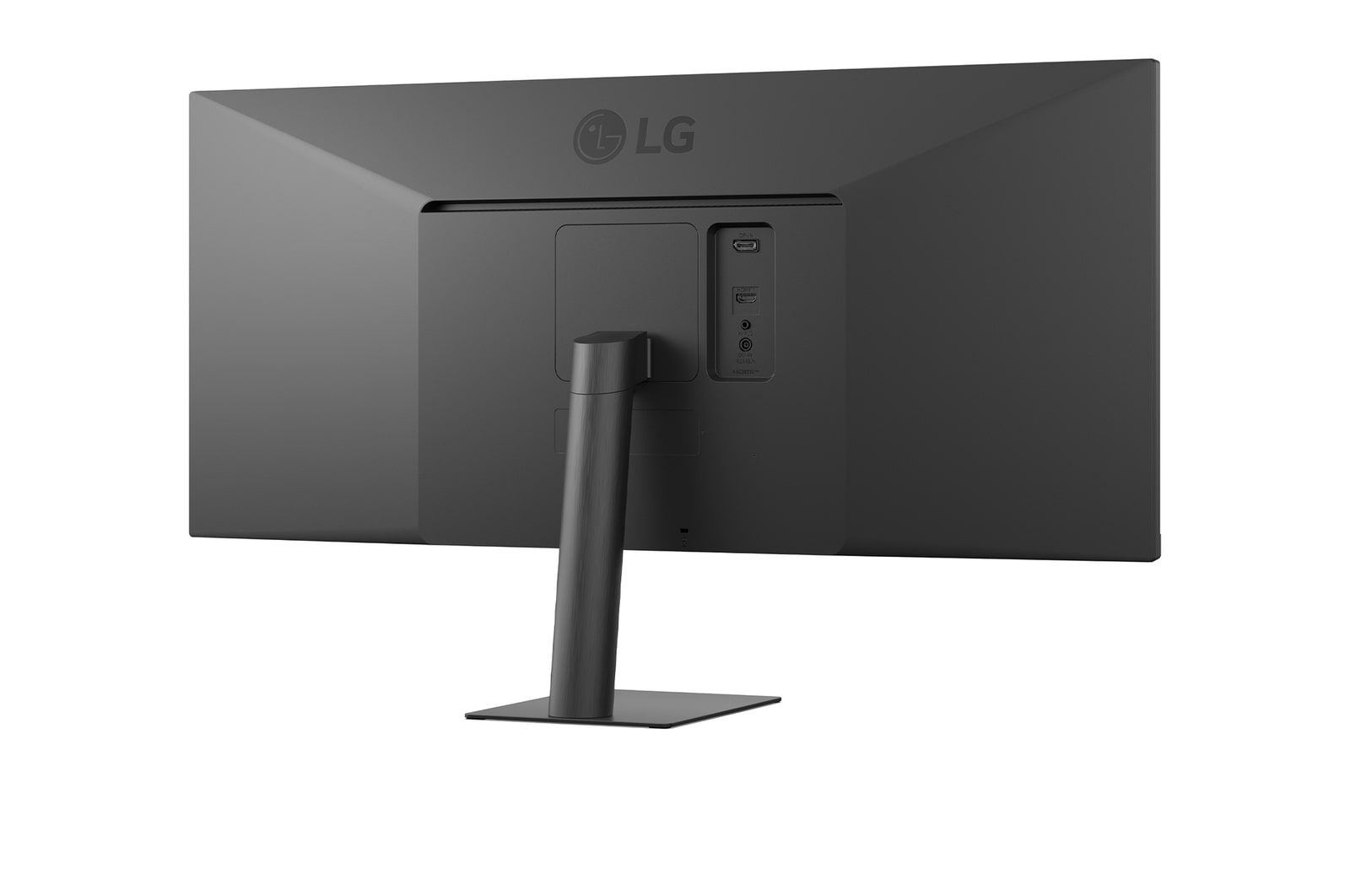 Rear view of a black LG monitor with ports, stand, and logo. The monitor is on a white background.