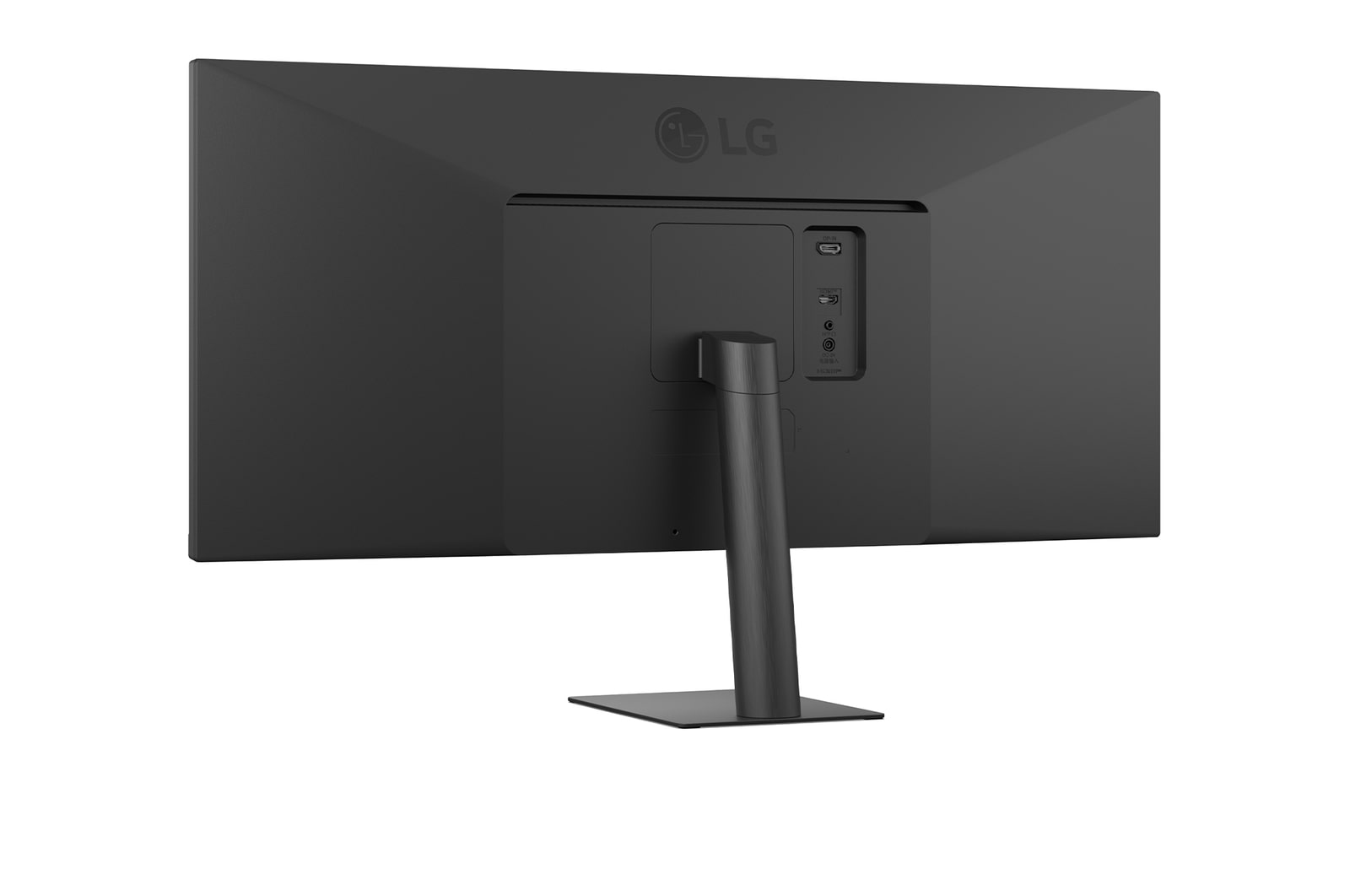 Rear view of a black LG monitor. It has a stand, ports, and the LG logo. The screen is dark.