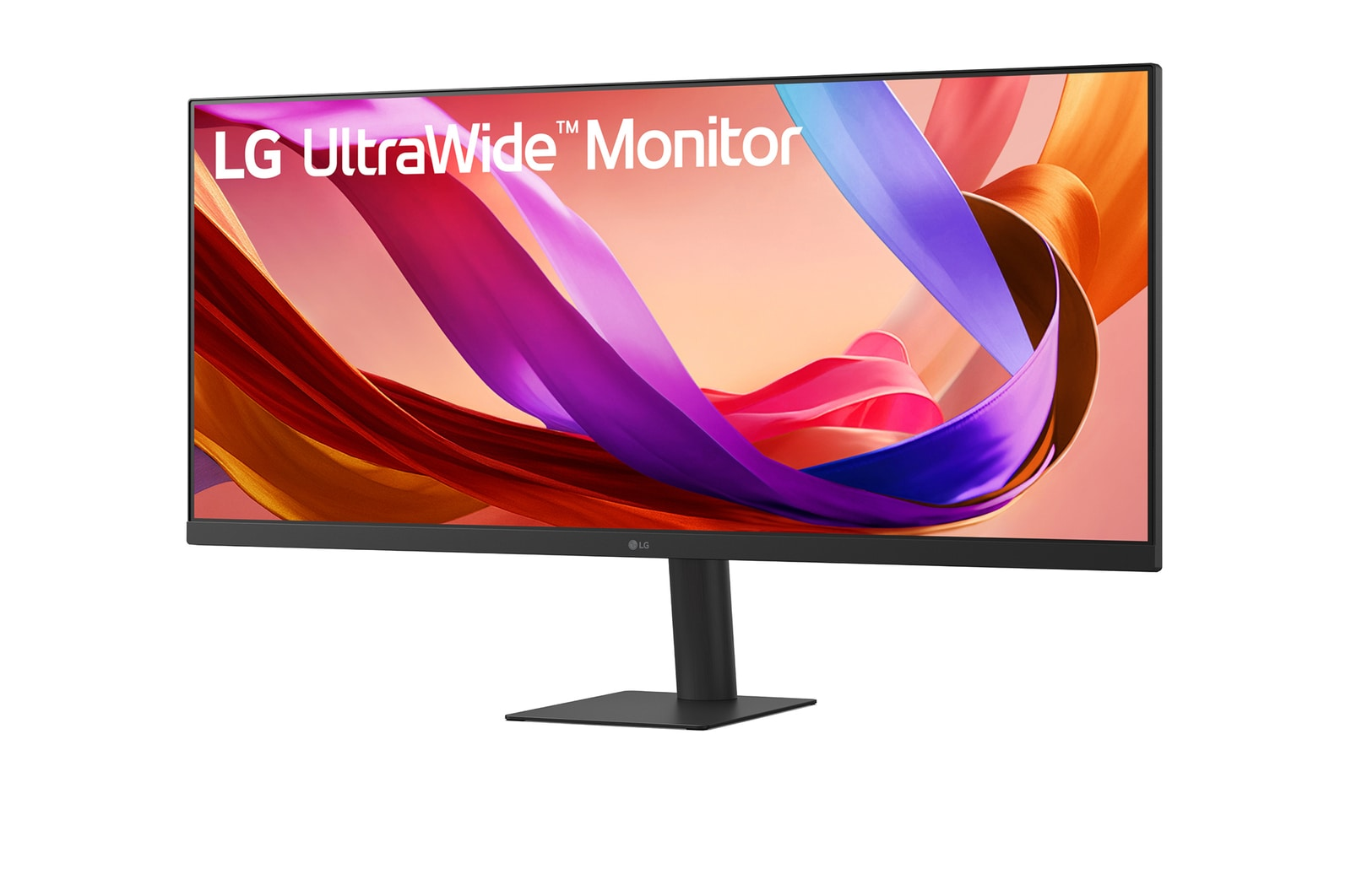 An LG UltraWide monitor displays a colorful abstract design. It stands on a black stand against a white background.