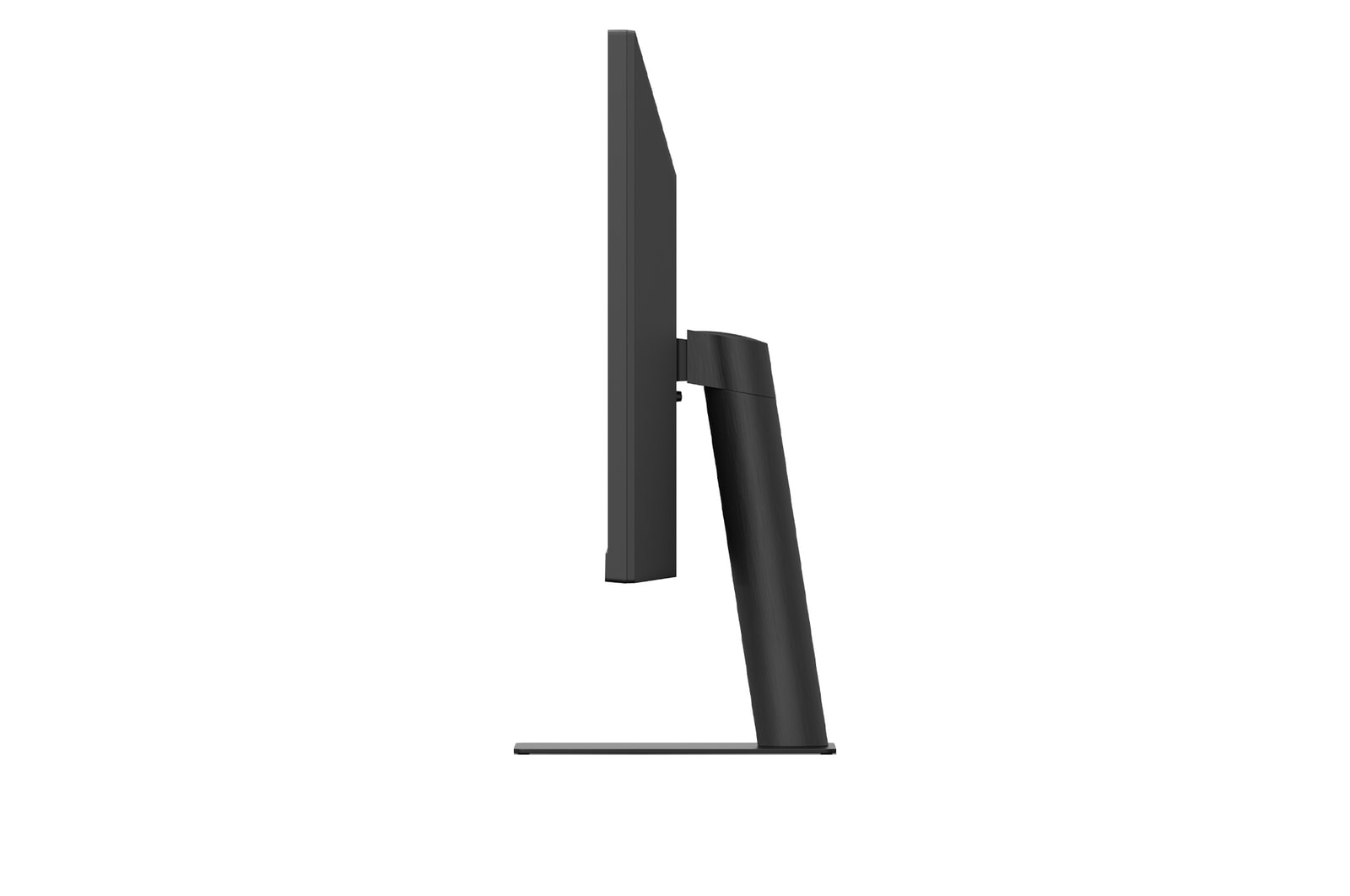 A side view shows a black computer monitor. The monitor is sleek, with a thin frame and stand. It's on a white background.