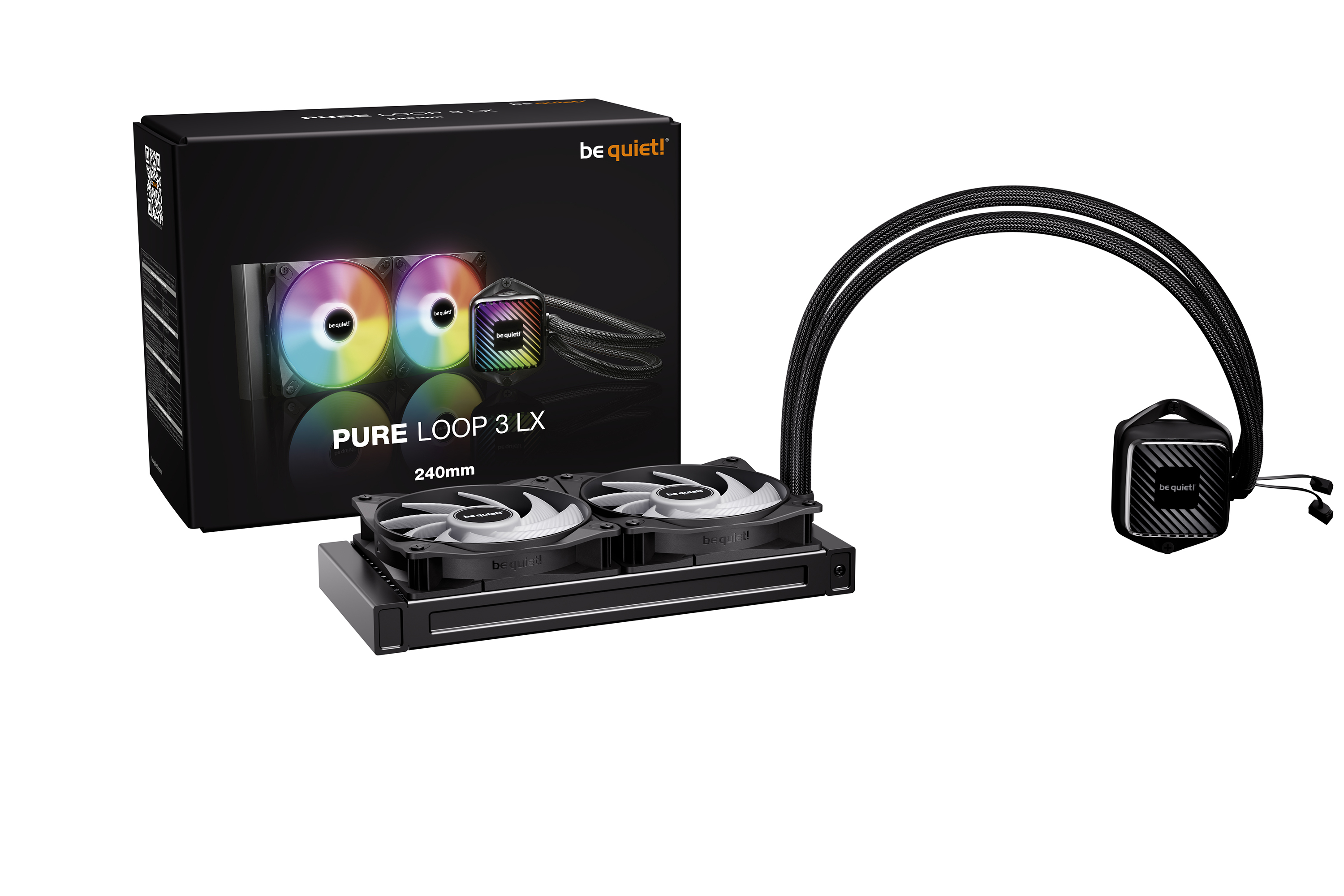 Auf weißem Hintergrund befindet sich eine schwarze Box mit einem Kühlsystem, Lüftern und einer Pumpe. Die Lüfter haben RGB.
