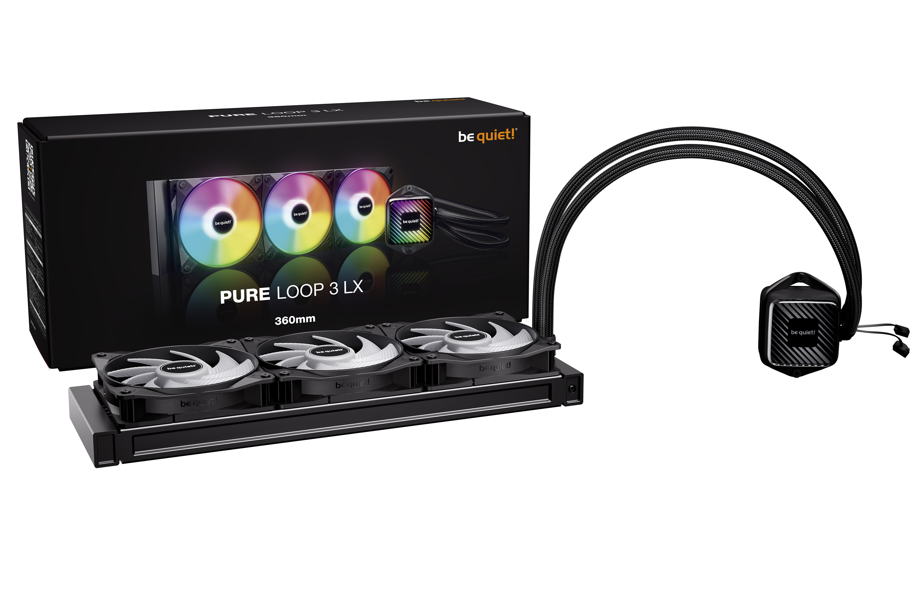 Ein Flüssigkeitskühler für Computer. Er hat eine schwarze Box, drei Lüfter und einen Wasserblock mit Schläuchen.