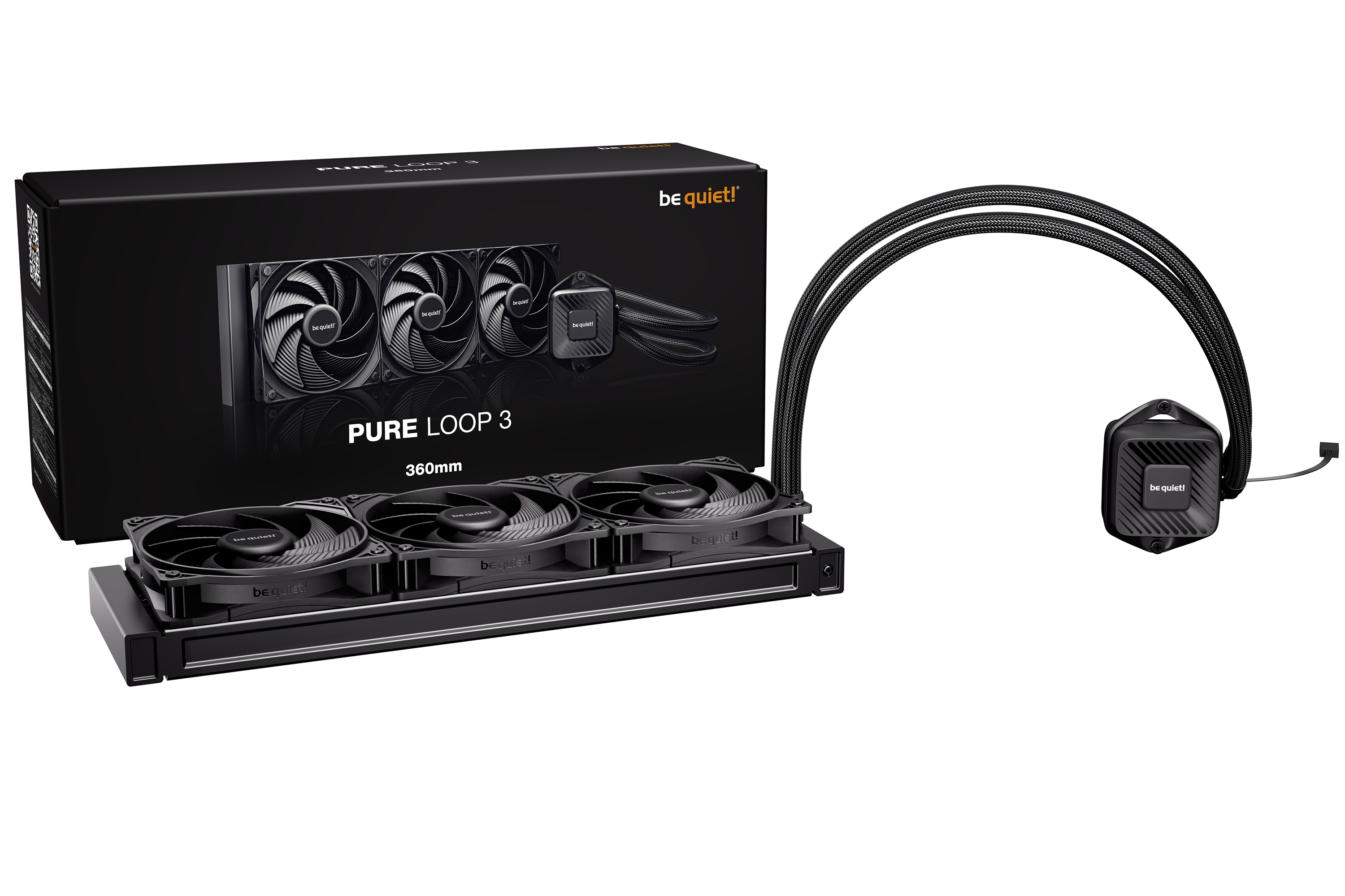 Ein schwarzes Computer-Kühlsystem mit Lüftern, Wasserblock und Schläuchen, mit einer Box dahinter. Die Marke ist 'be quiet!'