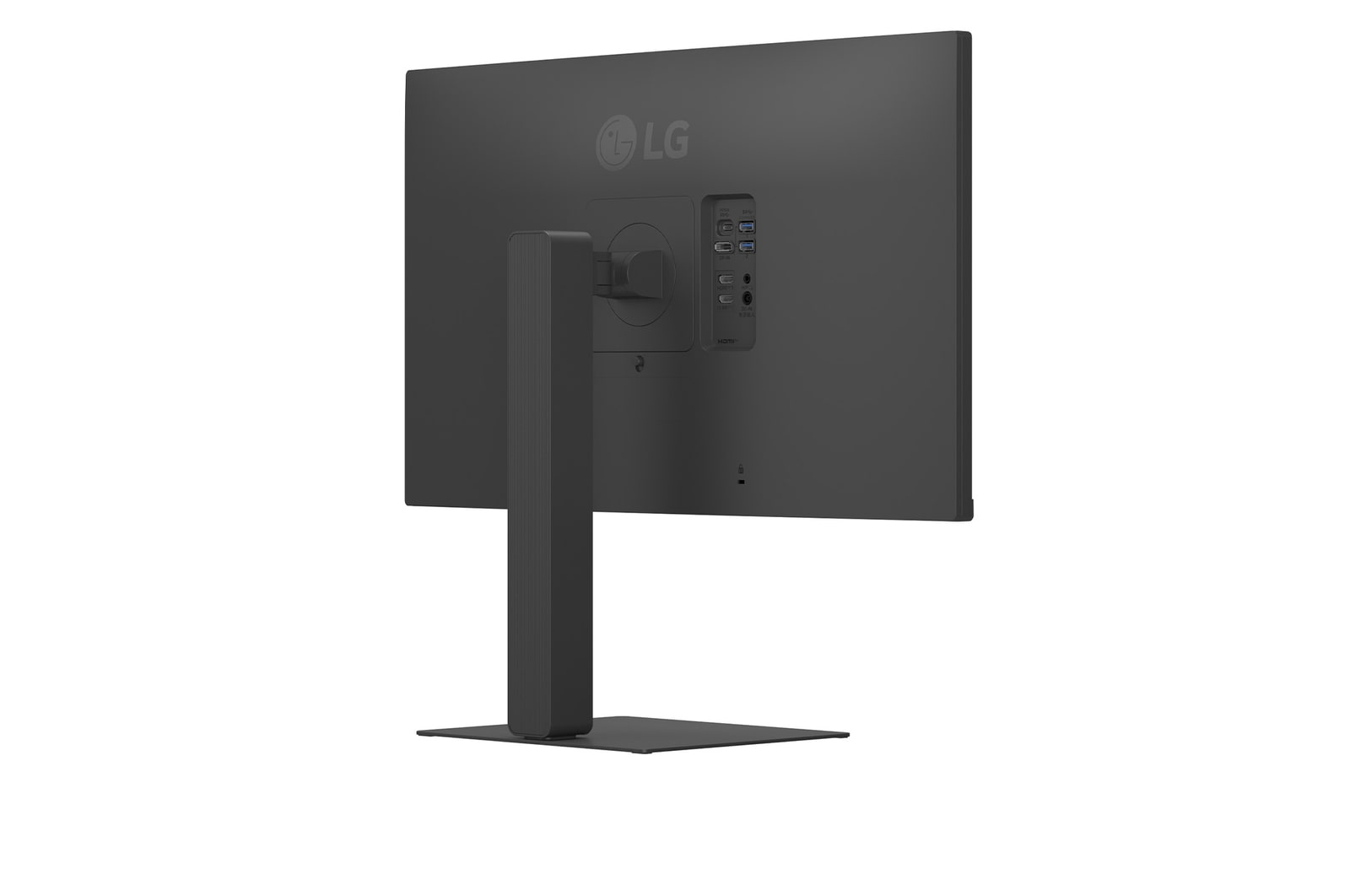 Widok z tyłu czarnego monitora LG. Widoczna jest podstawa i porty. Logo LG znajduje się u góry.