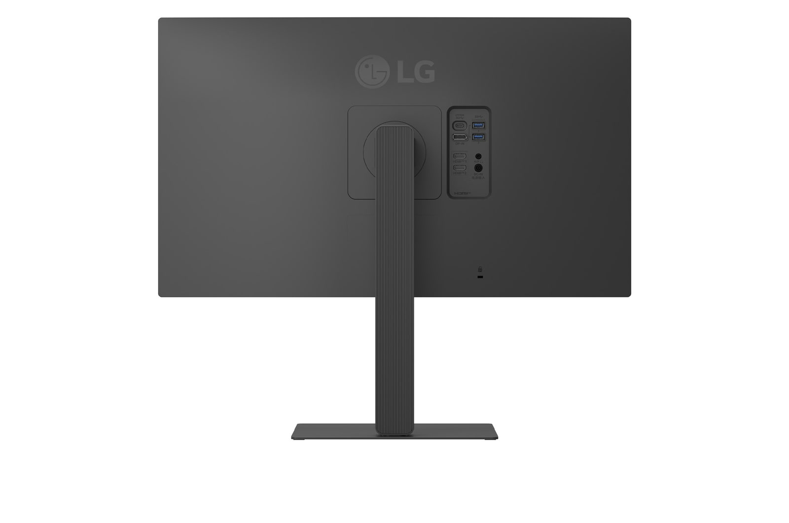 Widok z tyłu ciemnoszarego monitora LG. Ma podstawę i wiele portów.