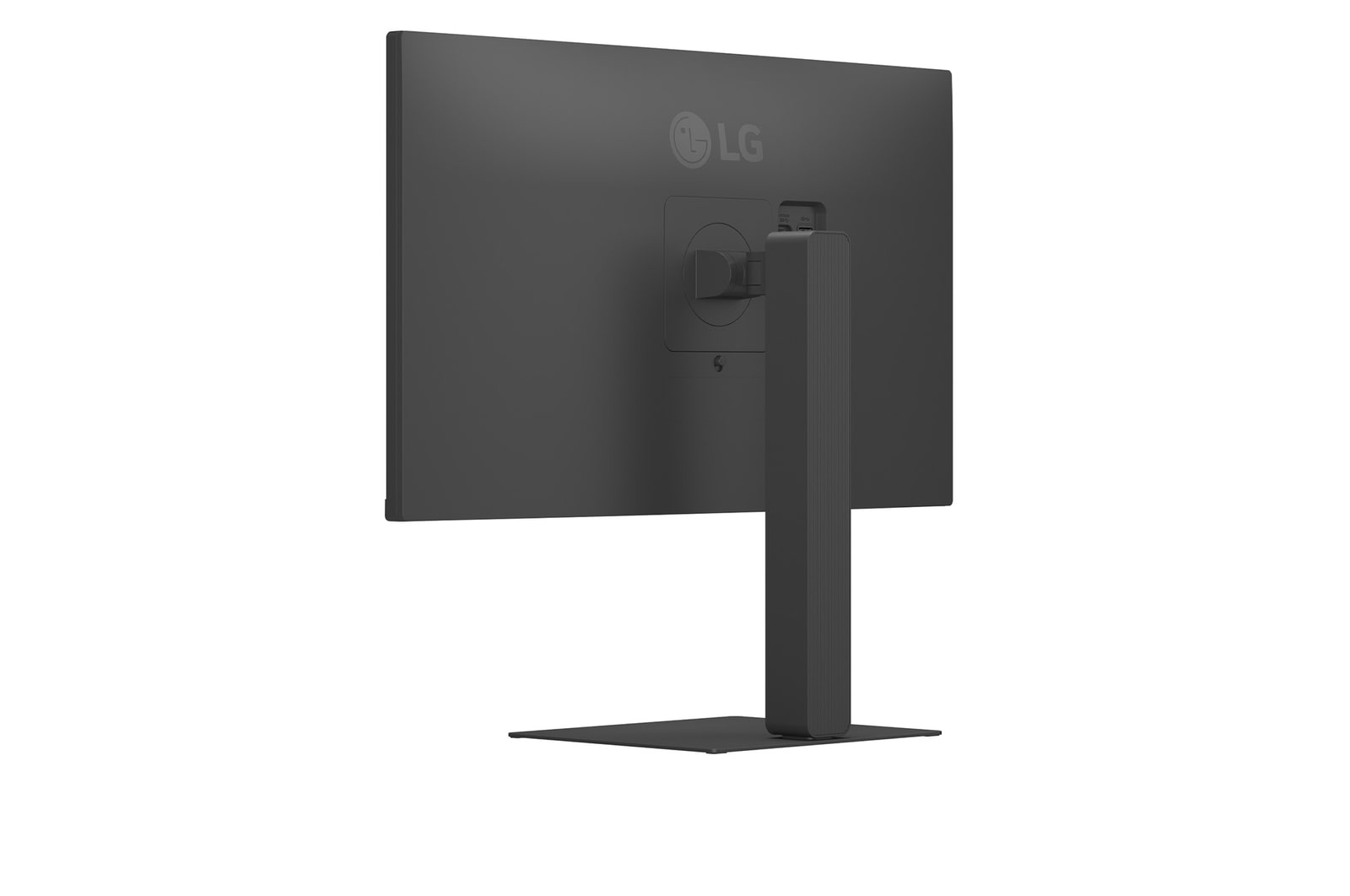 Widok z tyłu czarnego monitora LG. Ma podstawę i logo LG. Tło jest białe.